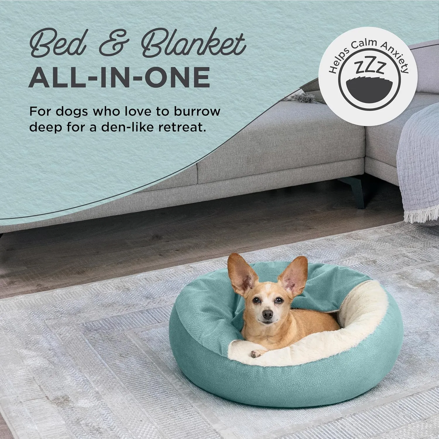 Best Friends by Sheri Cozy Cuddler Ilan Covered Cat and Dog Bed with Attached Blanket, Tide Pool Blue, 24"x24"