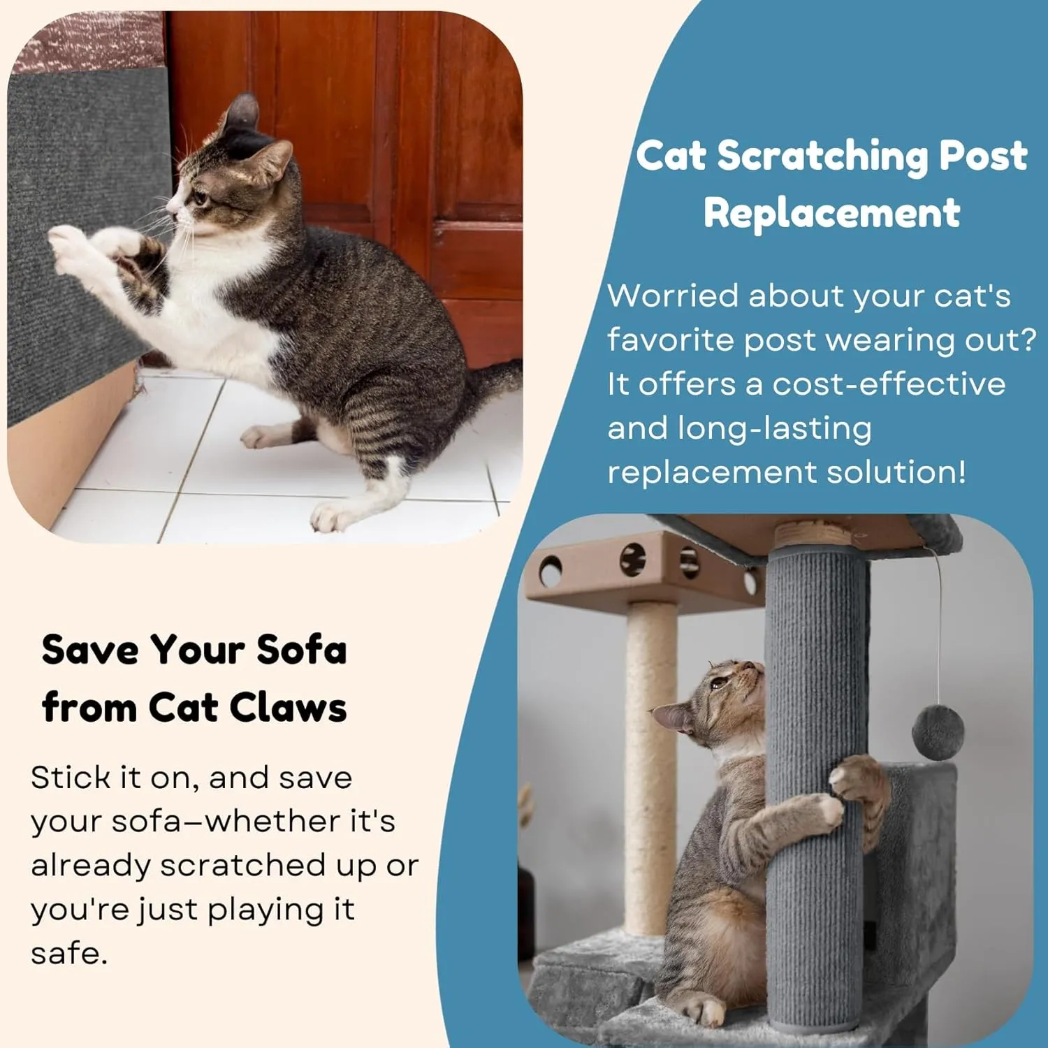 Cat Scratch Mat (3 Pack), 23.6 x 11.8 Cat Wall Stracther, Versatile Self-Adhesive Replacement Easy Use for Cat Trees Wall Furniture, Scratching Posts, and Couch Protection (Beige)