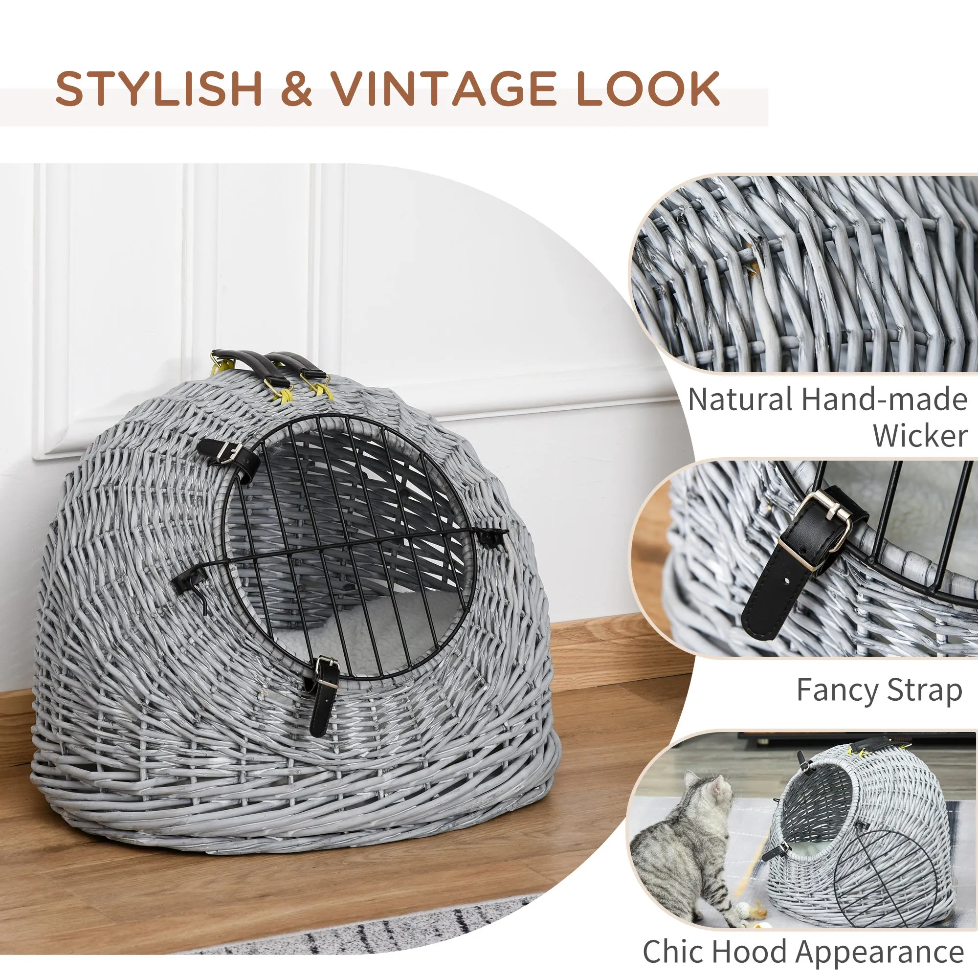 Cats Wicker Travel Carrier Basket w/ Plush Cushion Grey