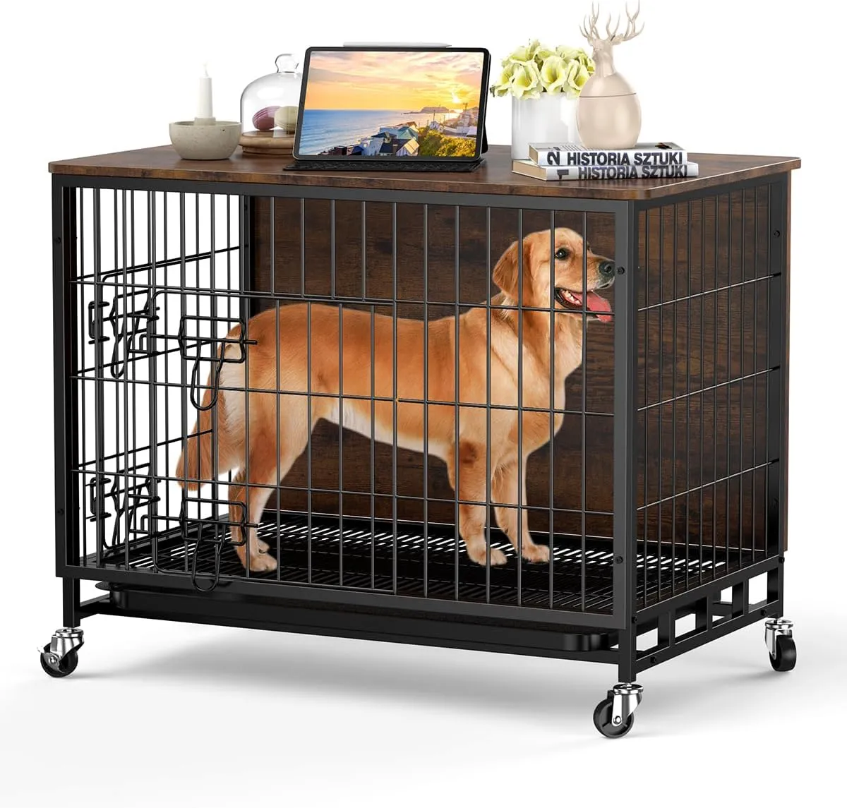 Dog Crate Furniture with Cushion, Dog Kennel Indoor with Wheels, Dog Crate End Table with Tray, 27.2" Dog Cage with Double Doors for Small Dog (Rustic Brown)