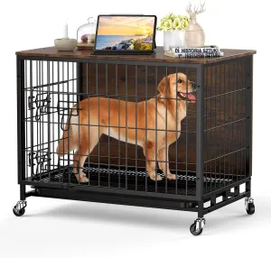 Dog Crate Furniture with Cushion, Dog Kennel Indoor with Wheels, Dog Crate End Table with Tray, 27.2" Dog Cage with Double Doors for Small Dog (Rustic Brown)