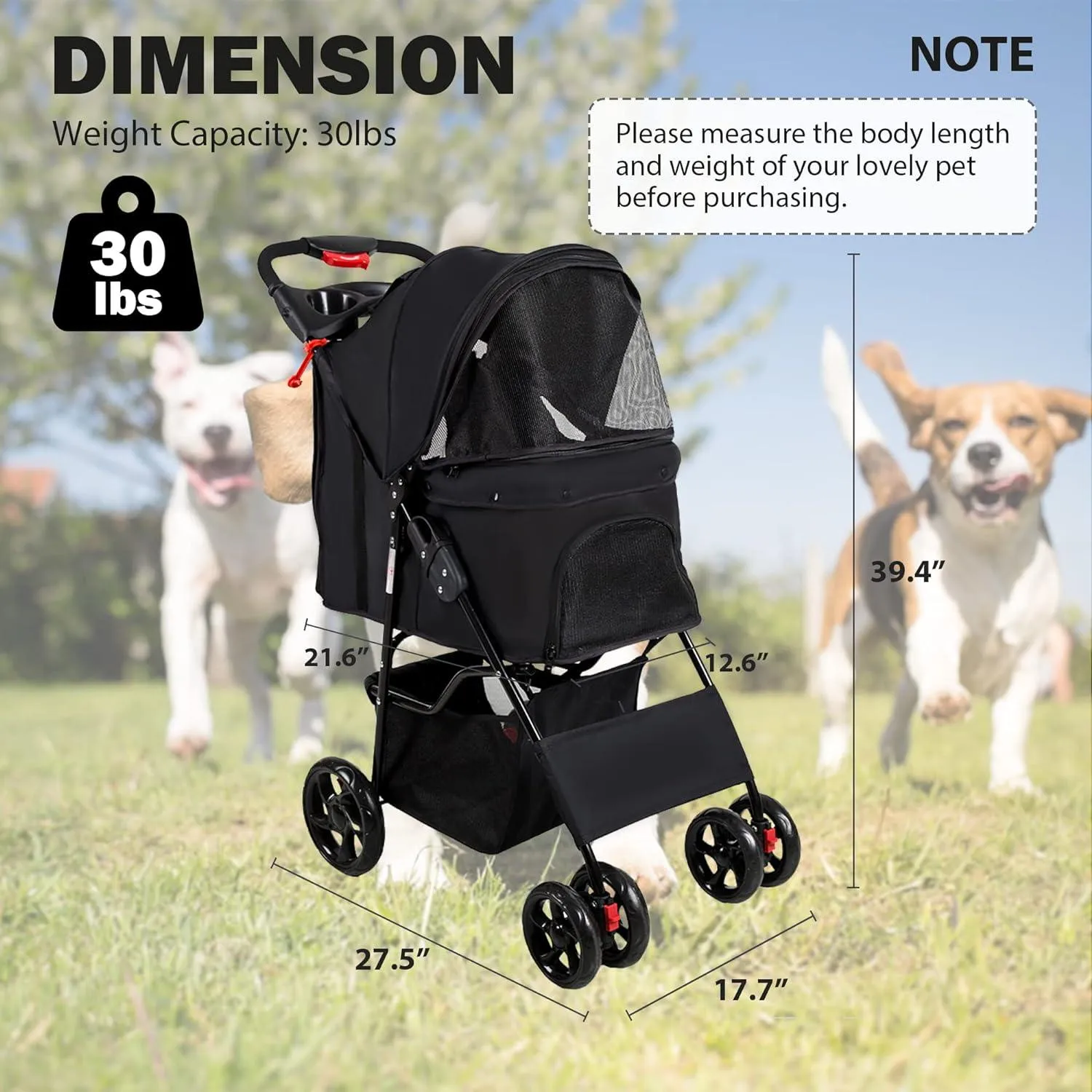 Dog Pet Jogger Stroller Folding Travel Carrier Cart for Small Cat Puppy, 4 Wheels, Black