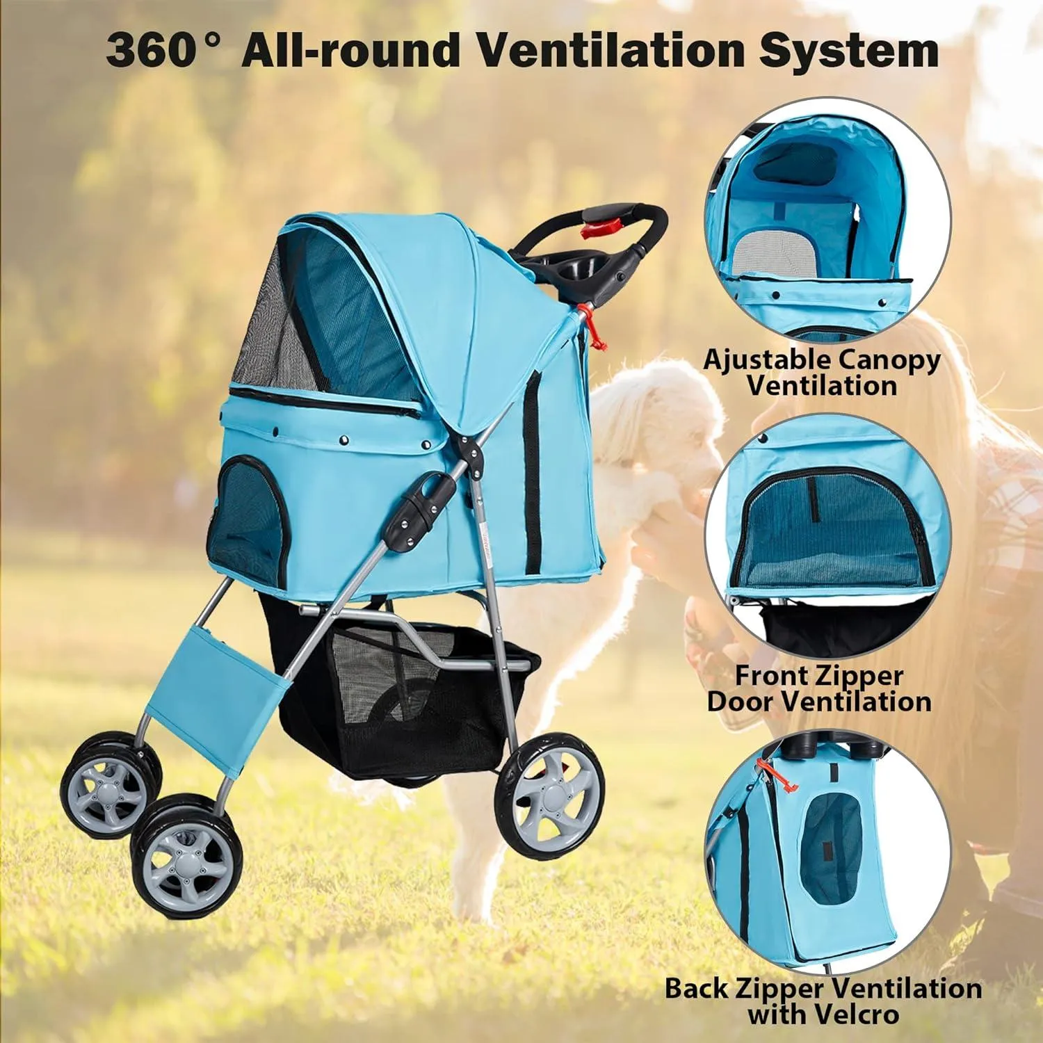 Dog Pet Jogger Stroller Folding Travel Carrier Cart for Small Cat Puppy, 4 Wheels, Blue