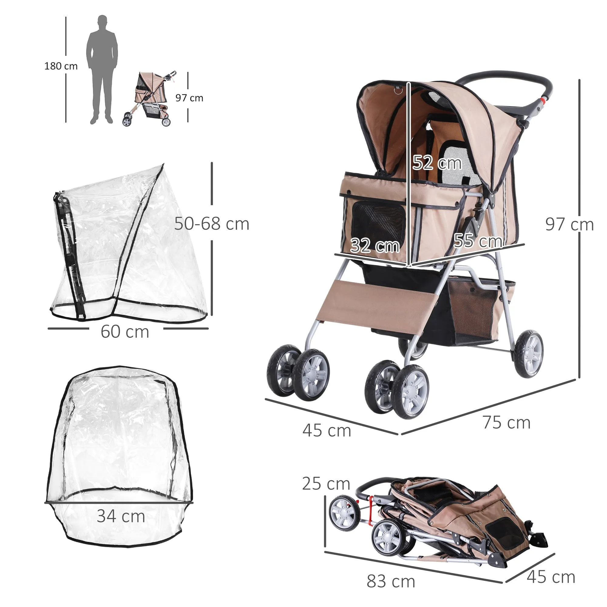 Dog Stroller with Rain Cover for Small Miniature Dogs Folding Pet Pram with Cup Holder Storage Basket Reflective Strips Brown