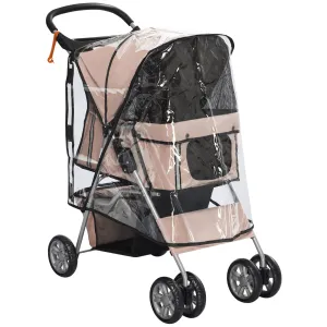 Dog Stroller with Rain Cover for Small Miniature Dogs Folding Pet Pram with Cup Holder Storage Basket Reflective Strips Brown