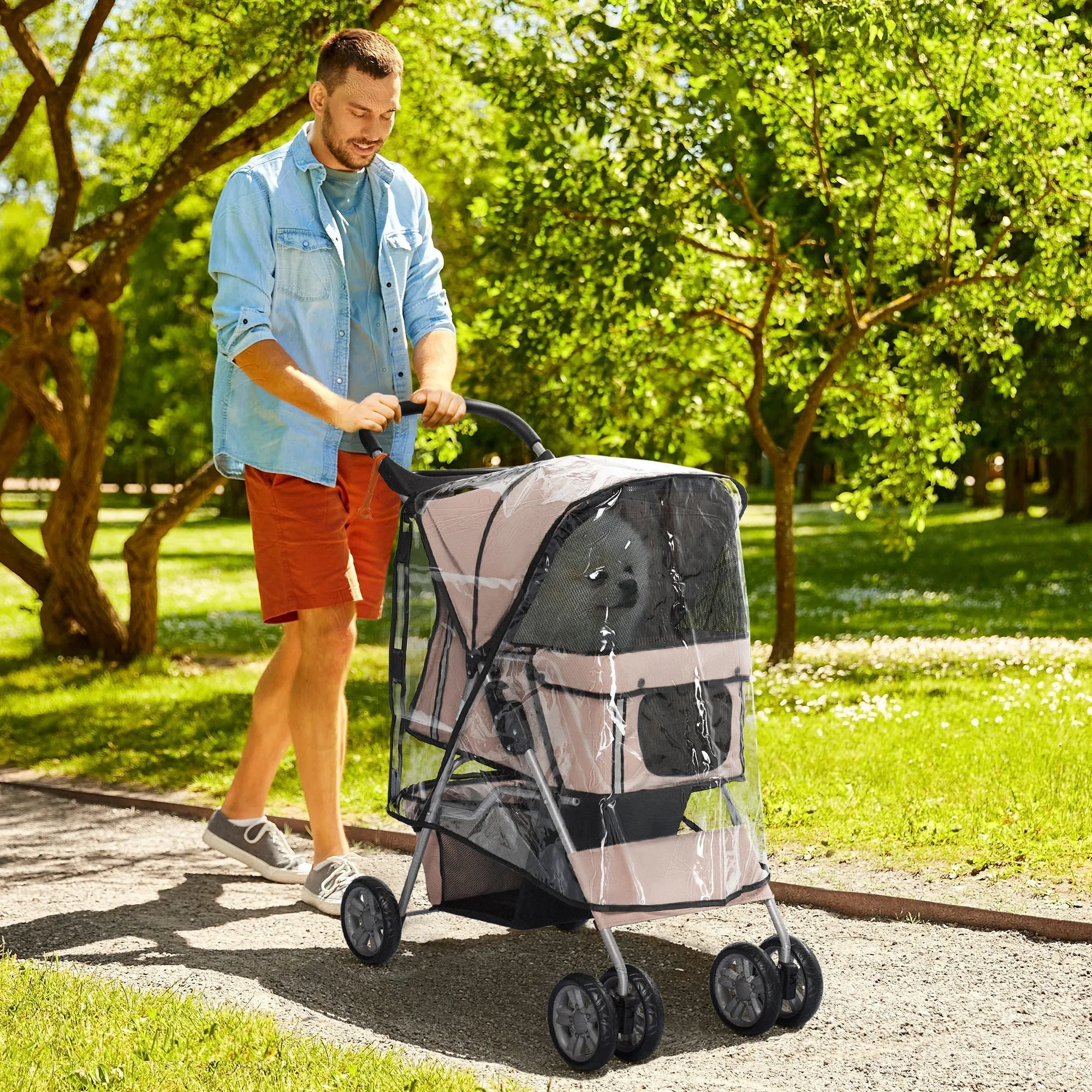 Dog Stroller with Rain Cover for Small Miniature Dogs Folding Pet Pram with Cup Holder Storage Basket Reflective Strips Brown