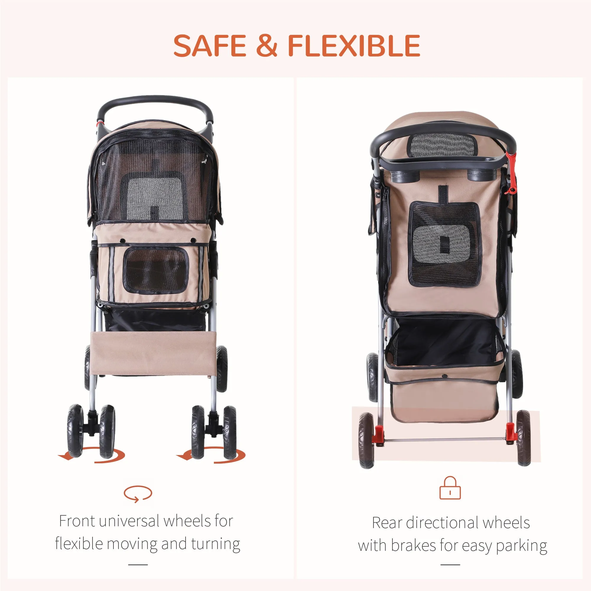 Dog Stroller with Rain Cover for Small Miniature Dogs Folding Pet Pram with Cup Holder Storage Basket Reflective Strips Brown