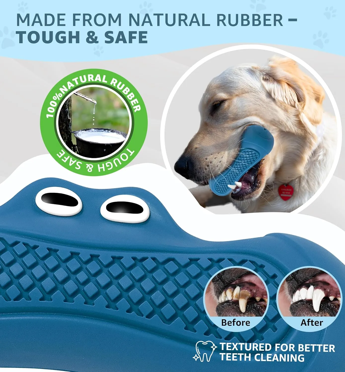 Durable Dog Chew Toy for Aggressive Chewers, Tough Natural Rubber Squeaky Dog Toy with Irresistible Beef Flavor, Dental Care, Teeth Cleaning & Boredom Relief for Medium & Large Dogs (Blue)