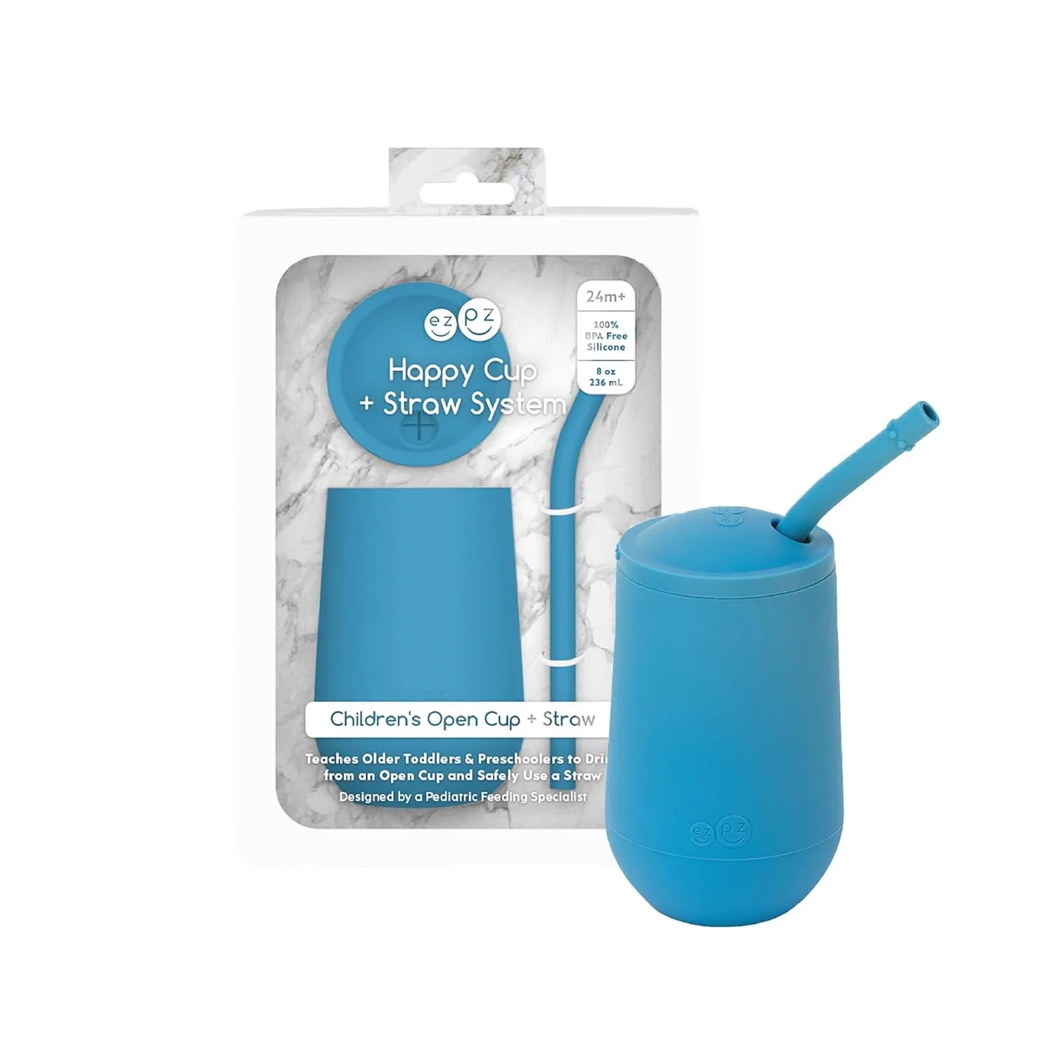 ezpz Happy Cup   Straw System - 24 months  (Blue) - 100% Silicone Cup   Straw for Older Toddler   Preschoolers