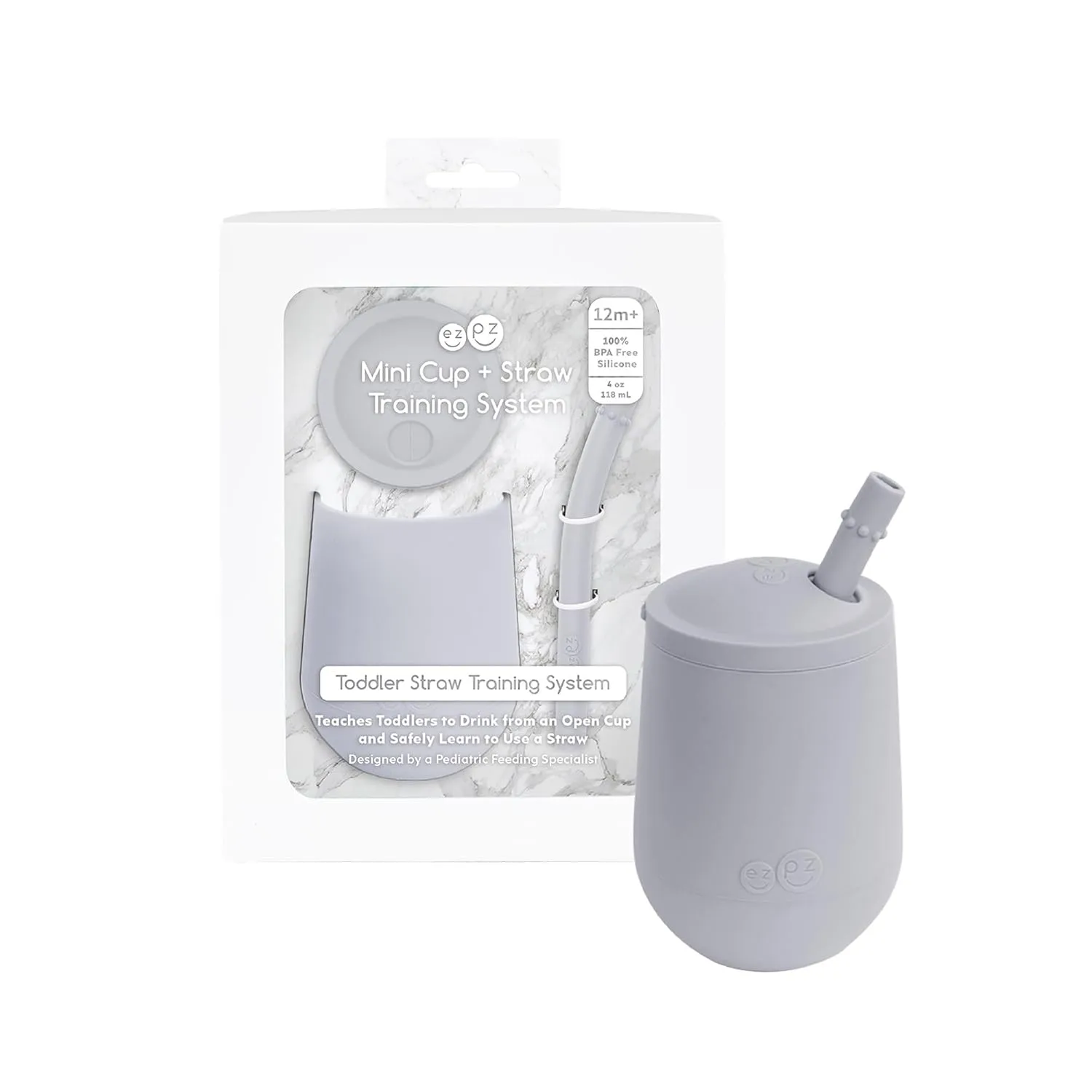 ezpz Mini Cup   Straw Training System - 9 Months  (Pewter) - 100% Silicone Training Cup for Infants   Toddlers - Designed by a Pediatric Feeding Specialist