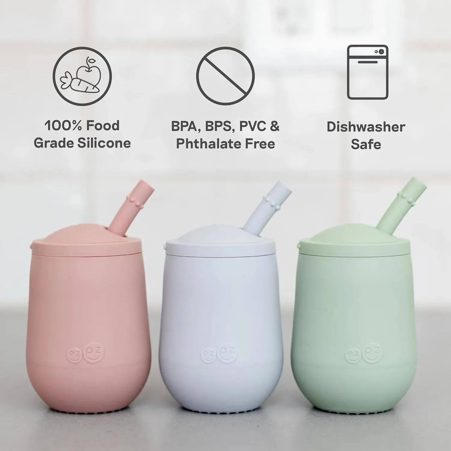 ezpz Mini Cup   Straw Training System - 9 Months  (Pewter) - 100% Silicone Training Cup for Infants   Toddlers - Designed by a Pediatric Feeding Specialist