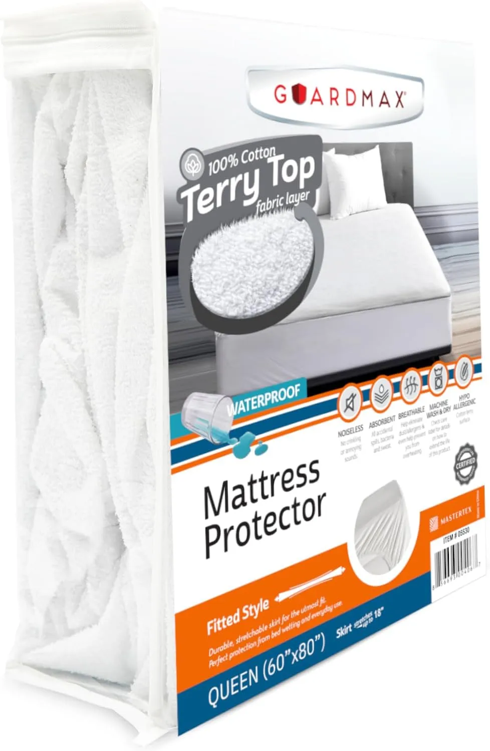 Guardmax Terry Cotton Queen Size Mattress Protector - Waterproof & Dust Mite Proof Mattress Cover with Stretchable Pockets - Soft, Comfortable, & Noiseless Waterproof Fitted Sheet.(60 x 80 x 15)