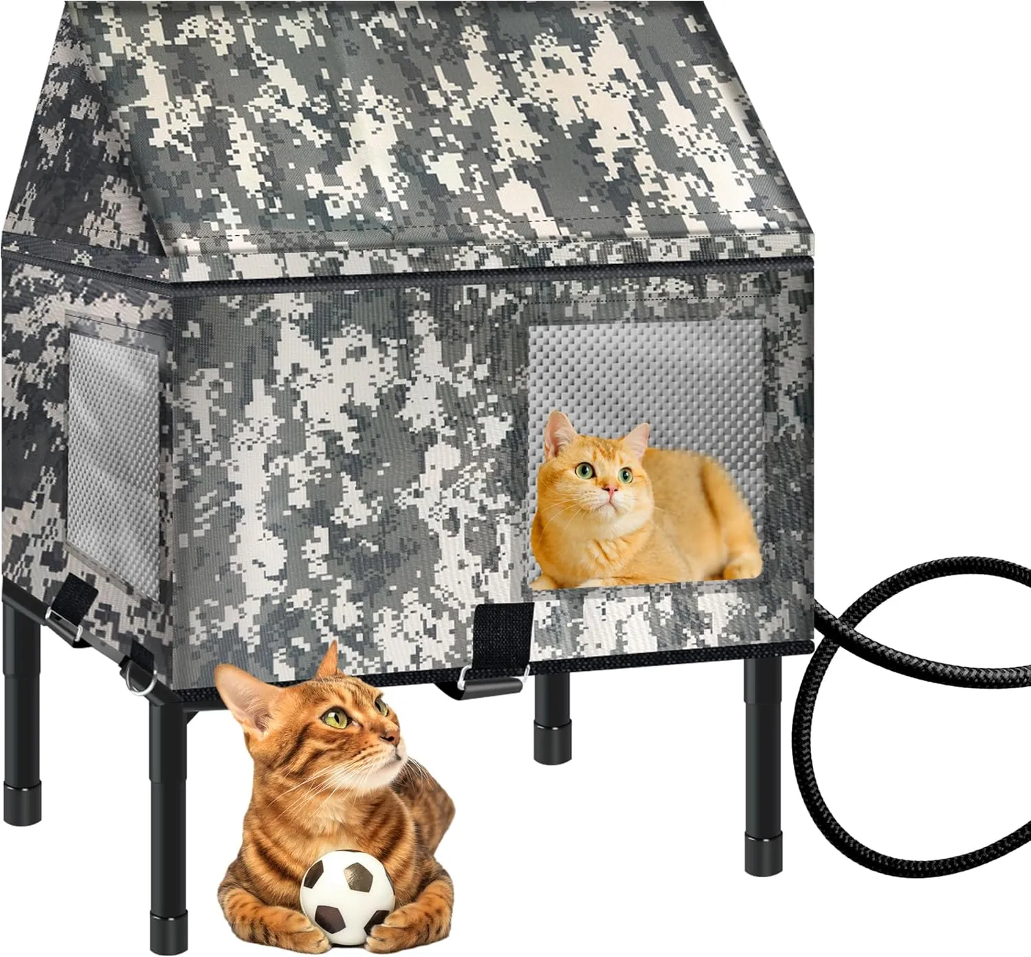 Heated Cat House for Outside in Winter, 100% Waterproof, 25.2in x 16.5in x 23.8inElevated Weatherproof Cat House with Heated Pad, Safe Escape Door, Heated Cat House for Ferals Strays Barn Cat