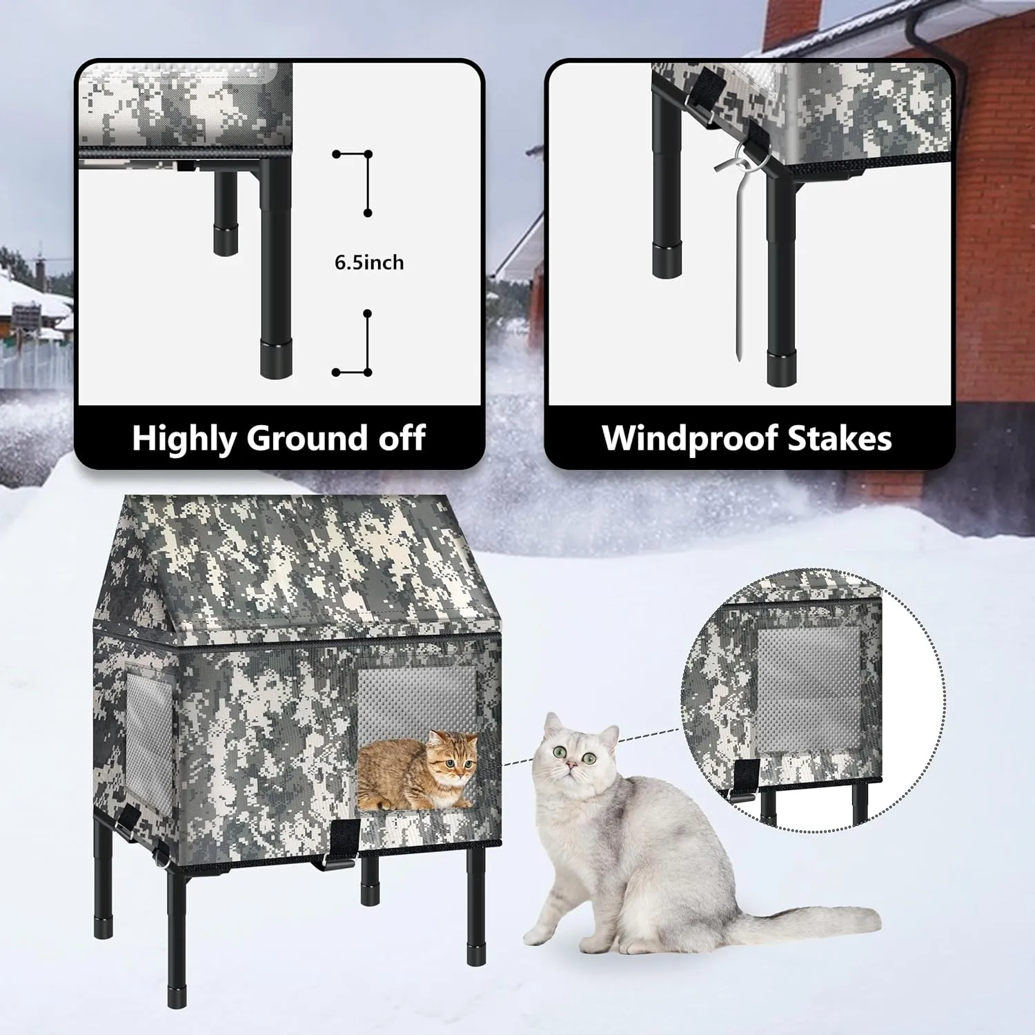 Heated Cat House for Outside in Winter, 100% Waterproof, 25.2in x 16.5in x 23.8inElevated Weatherproof Cat House with Heated Pad, Safe Escape Door, Heated Cat House for Ferals Strays Barn Cat