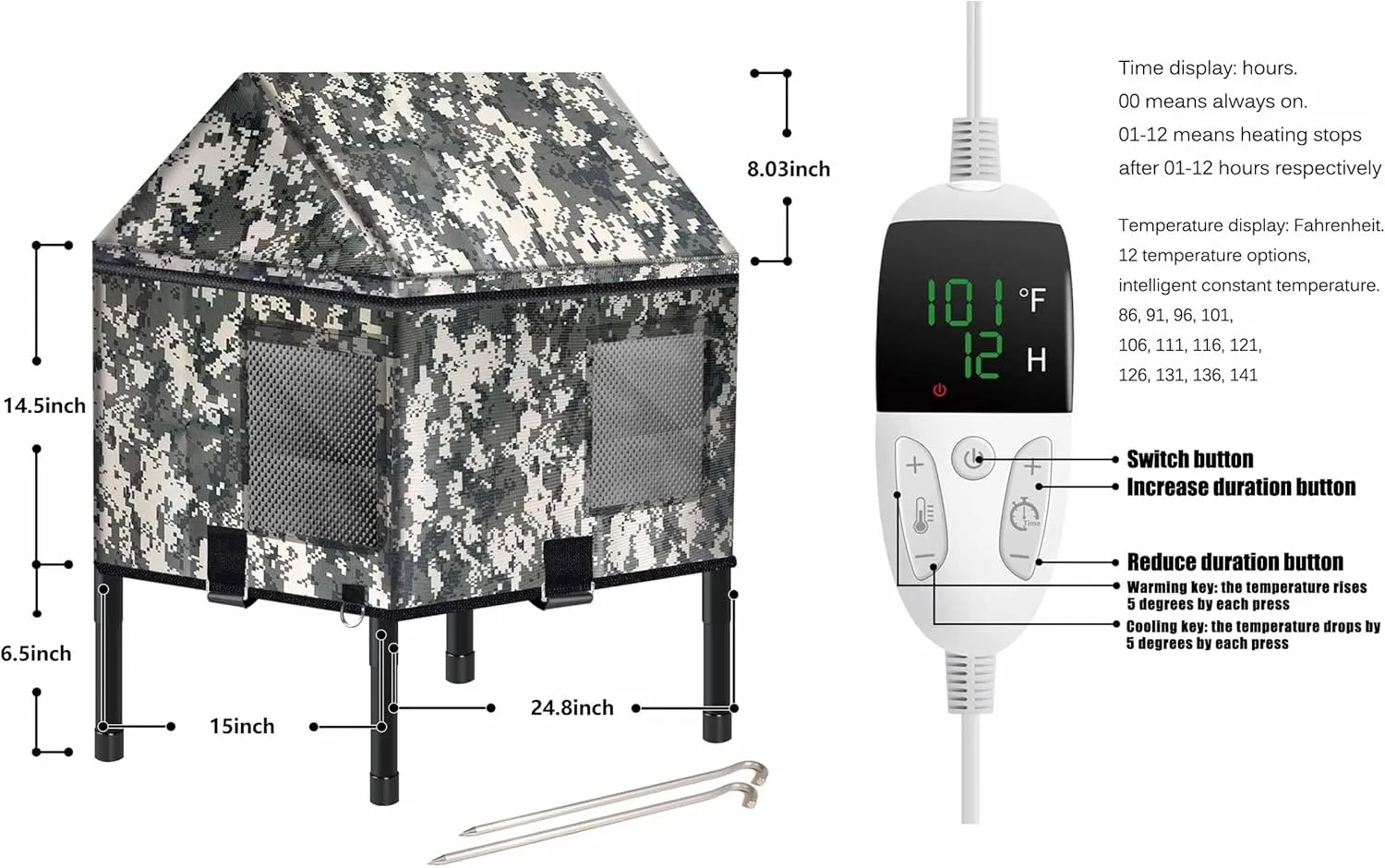Heated Cat House for Outside in Winter, 100% Waterproof, 25.2in x 16.5in x 23.8inElevated Weatherproof Cat House with Heated Pad, Safe Escape Door, Heated Cat House for Ferals Strays Barn Cat