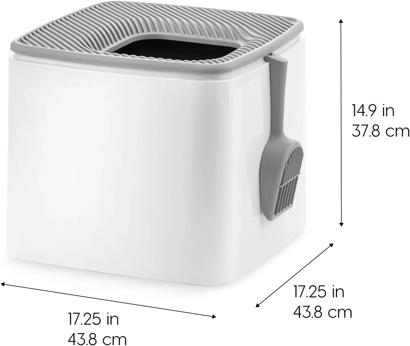 IRIS USA Premium Top Entry Cat Litter Box with Scoop, Square Enclosure for Cat and Kitty, White/Gray