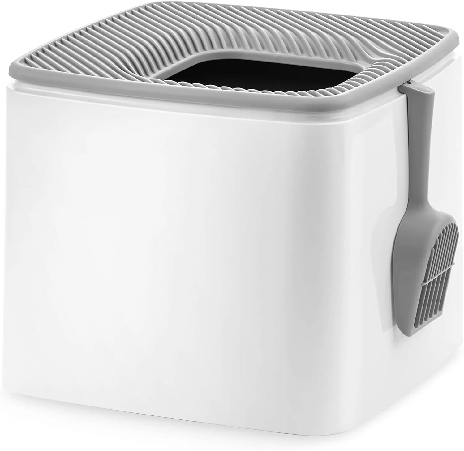 IRIS USA Premium Top Entry Cat Litter Box with Scoop, Square Enclosure for Cat and Kitty, White/Gray