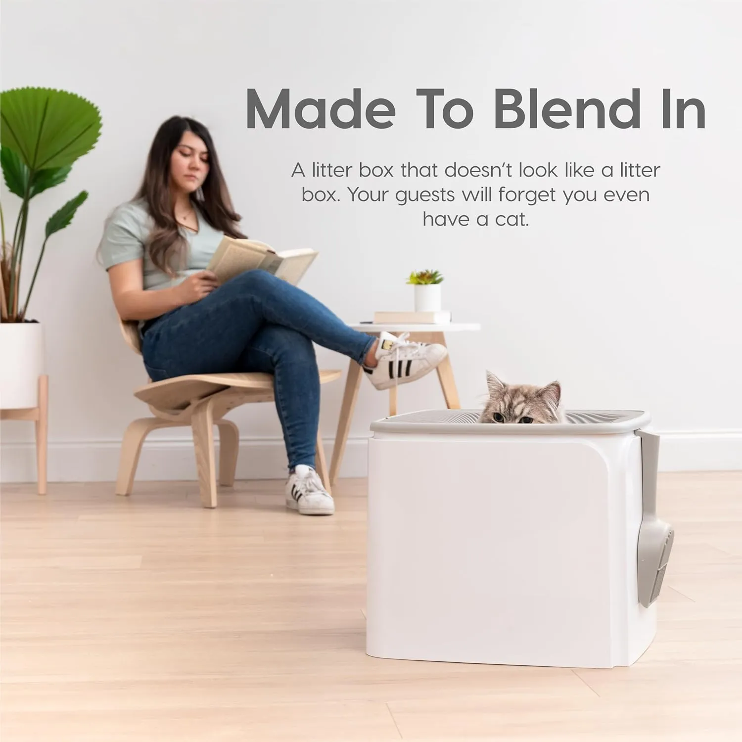 IRIS USA Premium Top Entry Cat Litter Box with Scoop, Square Enclosure for Cat and Kitty, White/Gray