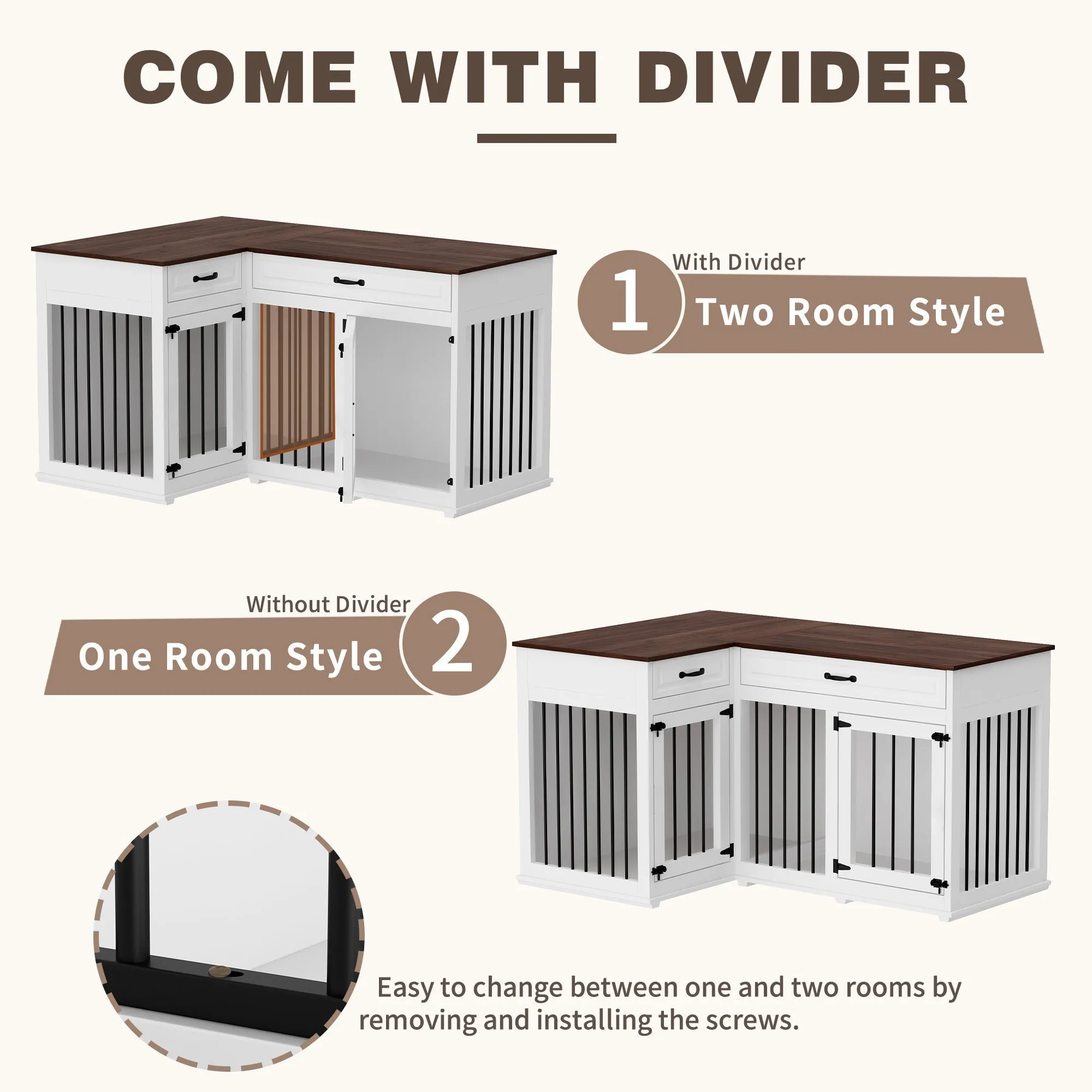 Large Corner Dog Crate Furniture for 2 Dogs with 2 Drawers-150152