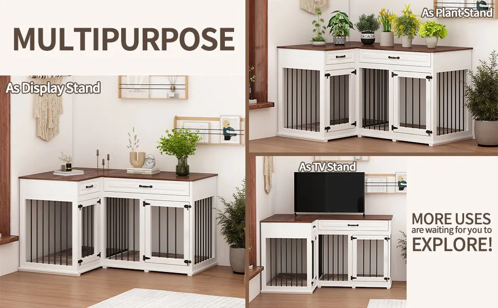 Large Corner Dog Crate Furniture for 2 Dogs with 2 Drawers-150152