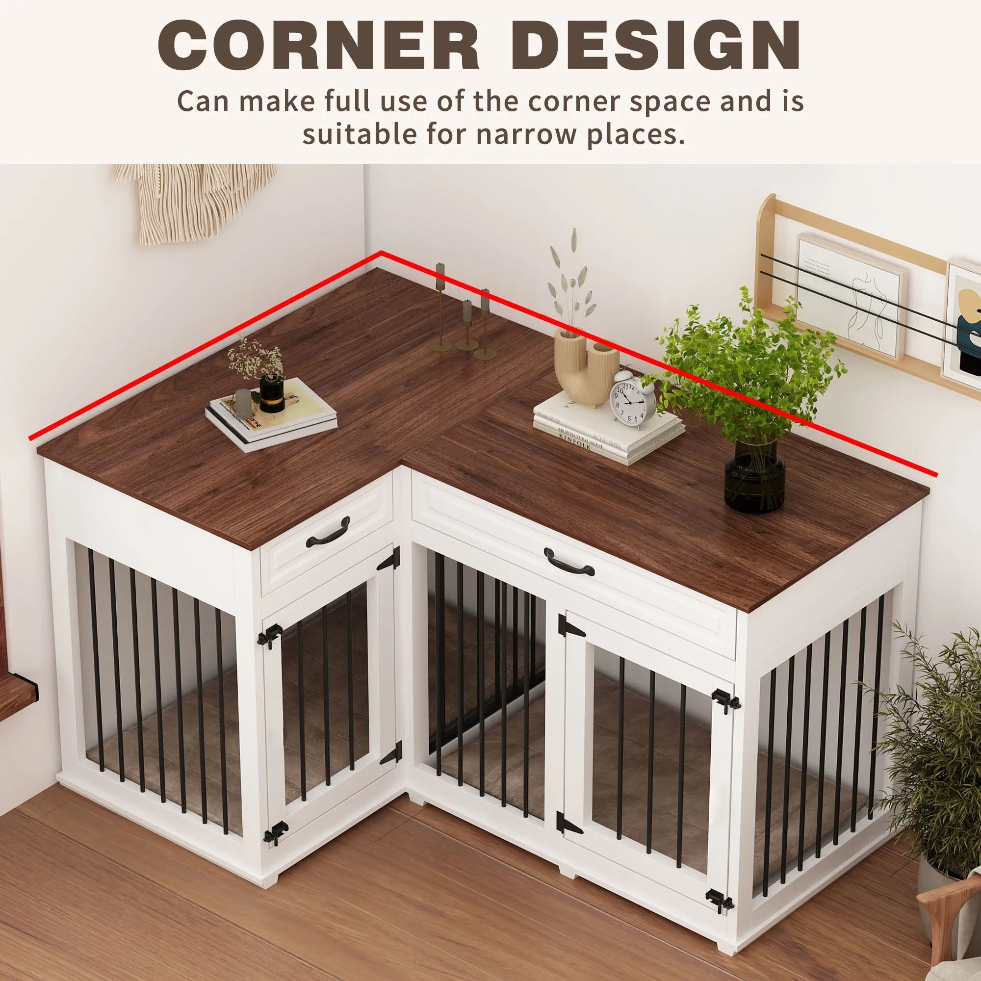 Large Corner Dog Crate Furniture for 2 Dogs with 2 Drawers-150152
