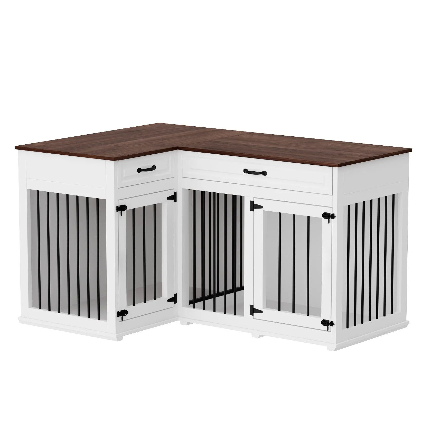 Large Corner Dog Crate Furniture for 2 Dogs with 2 Drawers-150152