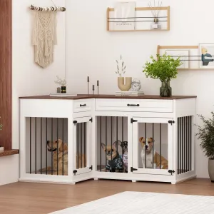 Large Corner Dog Crate Furniture for 2 Dogs with 2 Drawers-150152