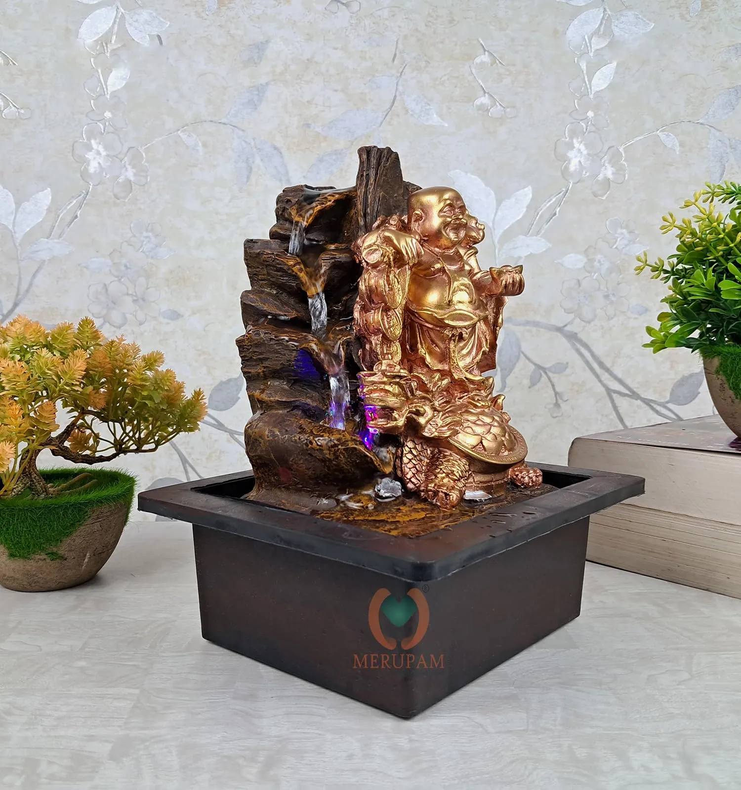 MERUPAM Laughing Buddha Tabletop Waterfall Fountain Meditation Relaxing Indoor Decoration, Zen Fountain for Home, Office, Bedroom Decoration