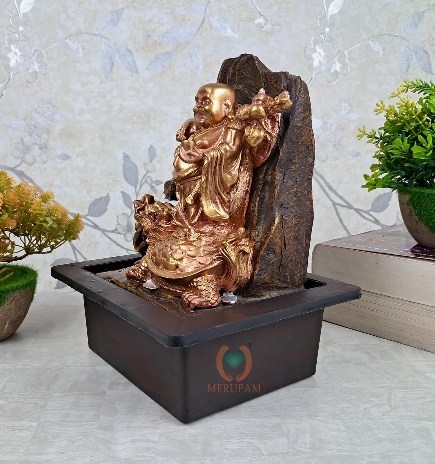 MERUPAM Laughing Buddha Tabletop Waterfall Fountain Meditation Relaxing Indoor Decoration, Zen Fountain for Home, Office, Bedroom Decoration