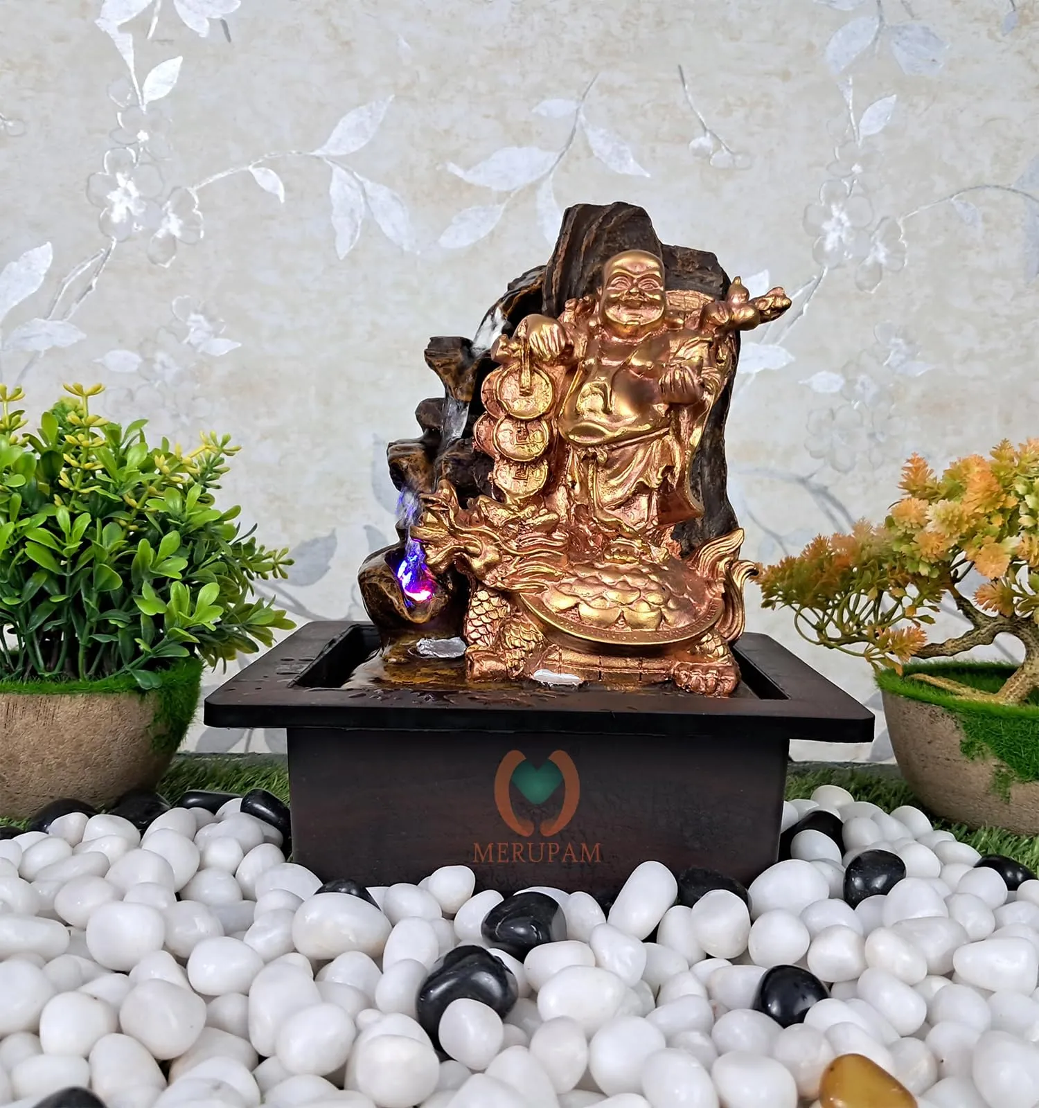 MERUPAM Laughing Buddha Tabletop Waterfall Fountain Meditation Relaxing Indoor Decoration, Zen Fountain for Home, Office, Bedroom Decoration