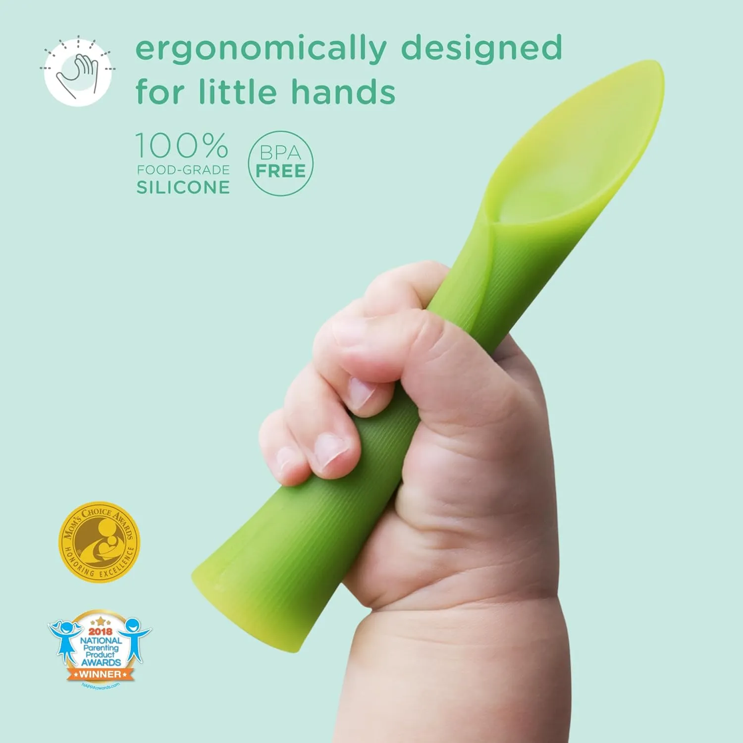 Olababy 100% Silicone Soft-Tip Training Spoon for Baby Led Weaning 2pack (Pearl/Kiwi)