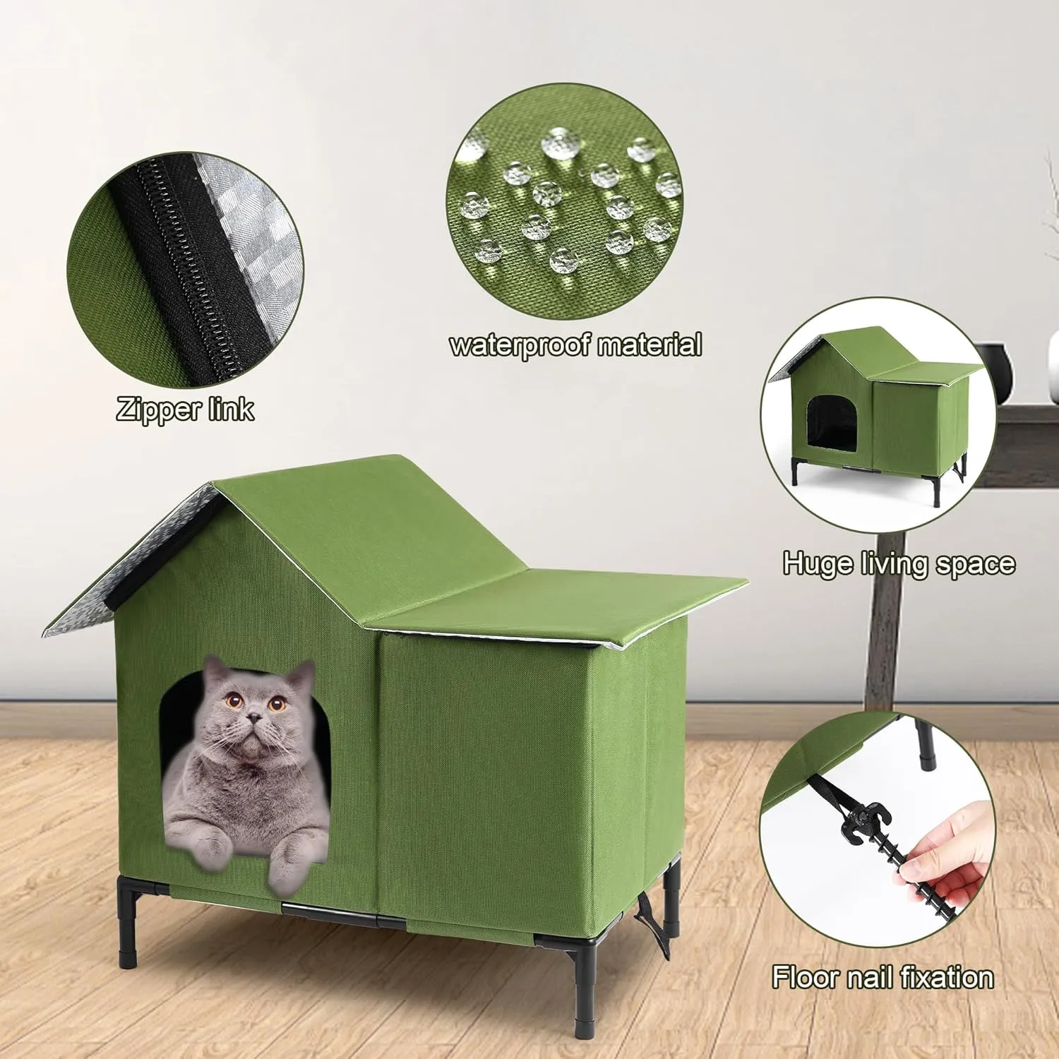 Outdoor Cat Houses Weatherproof Shelter for Outdoor Feral Cats and Kitty with Pad 19 X 22 X 17 Inches (Green)