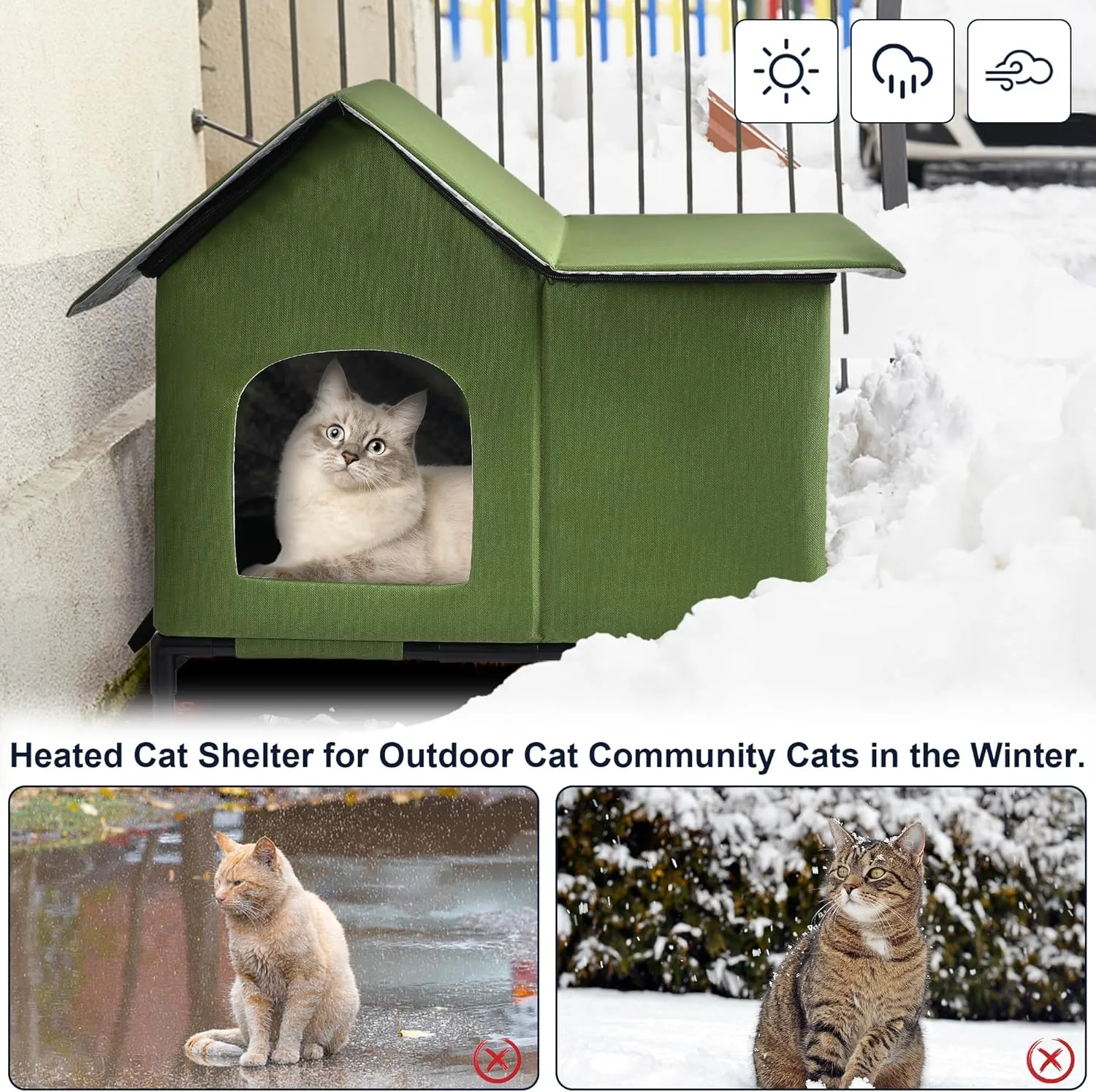 Outdoor Cat Houses Weatherproof Shelter for Outdoor Feral Cats and Kitty with Pad 19 X 22 X 17 Inches (Green)