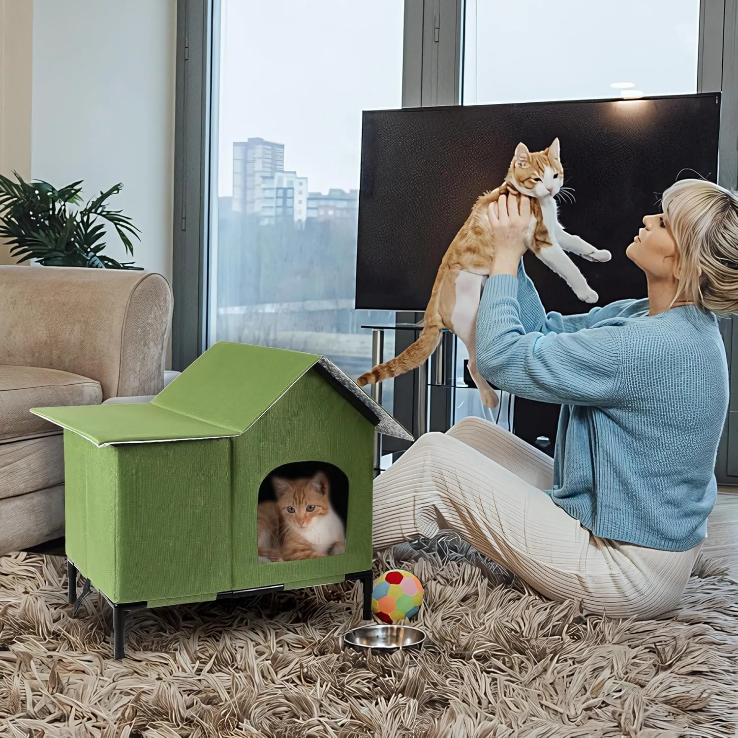 Outdoor Cat Houses Weatherproof Shelter for Outdoor Feral Cats and Kitty with Pad 19 X 22 X 17 Inches (Green)