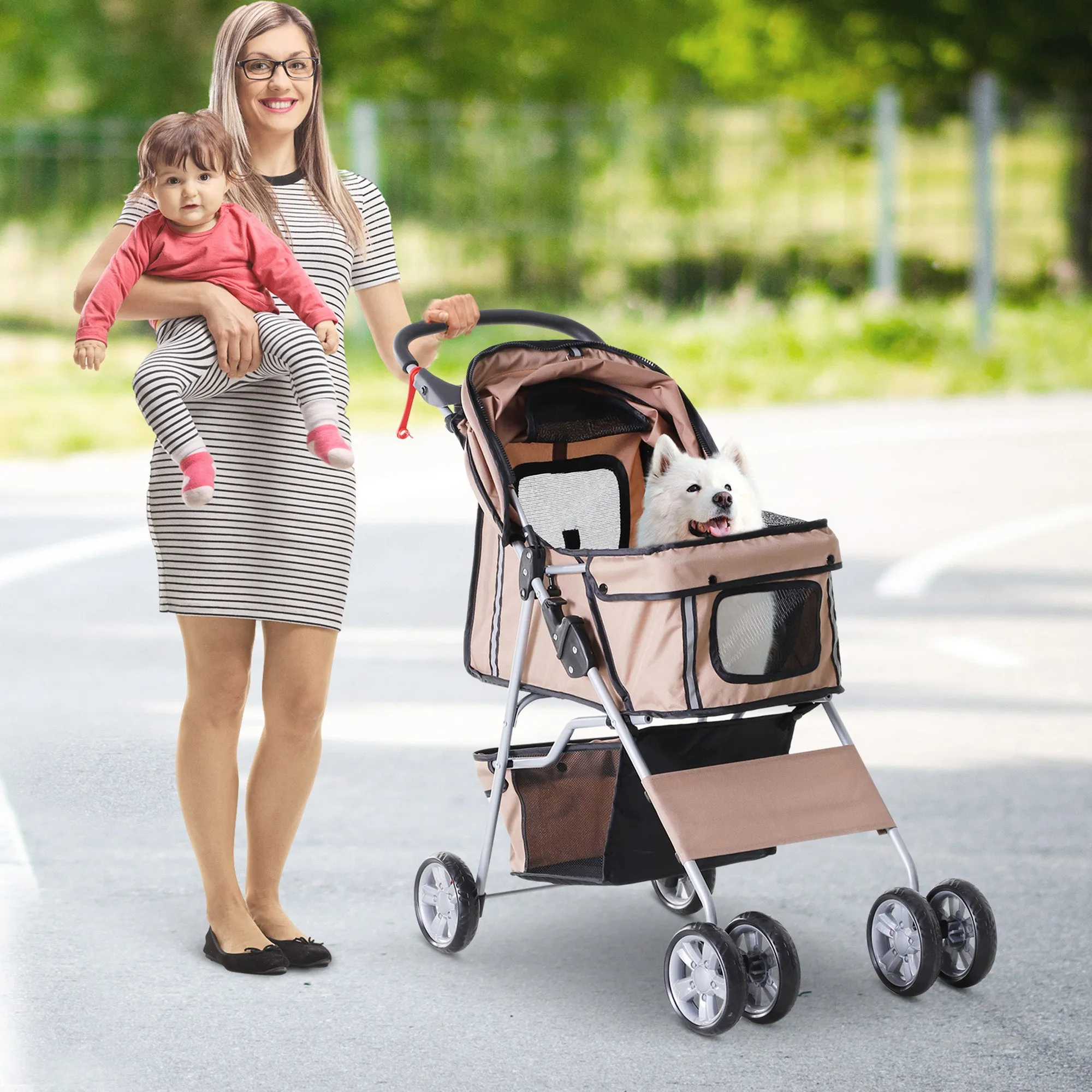 PawHut Pet Stroller Carrier Foldable Deluxe Jogger Walk Travel Dog Cat Brown