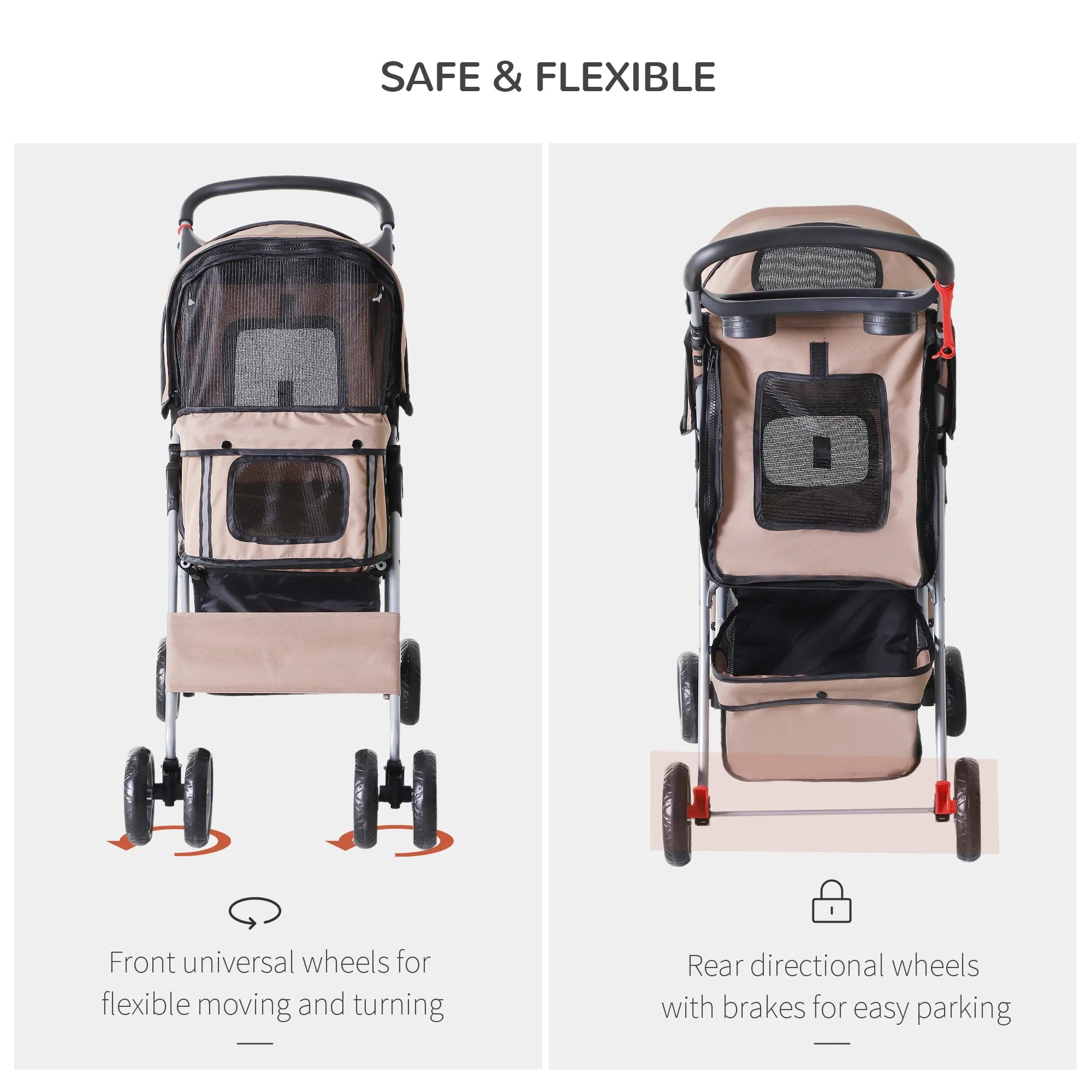PawHut Pet Stroller Carrier Foldable Deluxe Jogger Walk Travel Dog Cat Brown