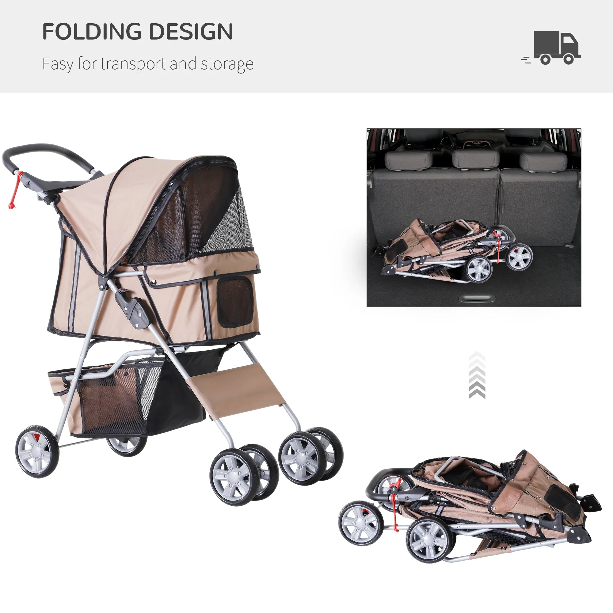 PawHut Pet Stroller Carrier Foldable Deluxe Jogger Walk Travel Dog Cat Brown
