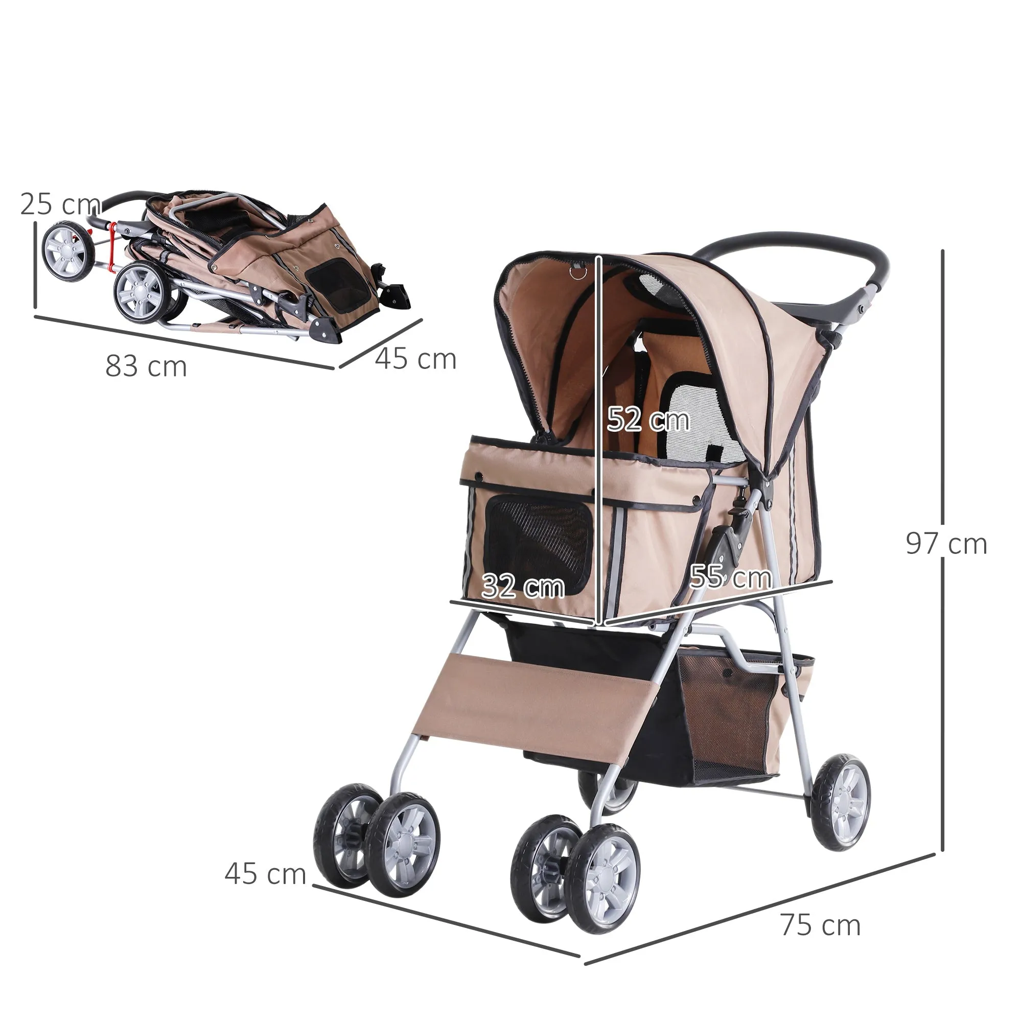 PawHut Pet Stroller Carrier Foldable Deluxe Jogger Walk Travel Dog Cat Brown
