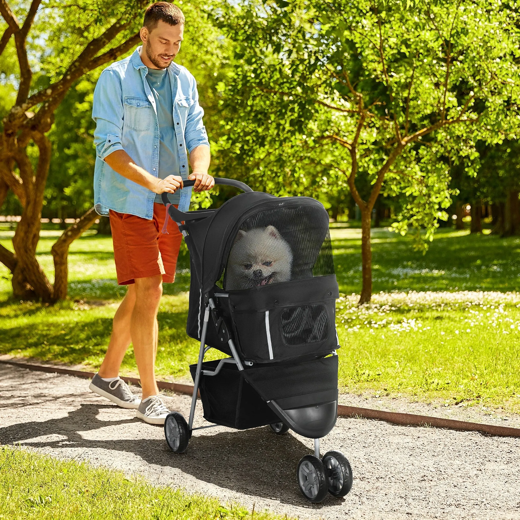 PawHut Pet Stroller Pushchair Carrier for Cat Puppy with 3 Wheels Black