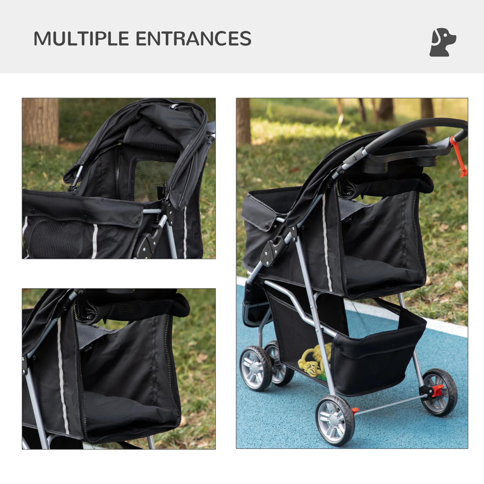 PawHut Pet Stroller Pushchair Carrier for Cat Puppy with 3 Wheels Black