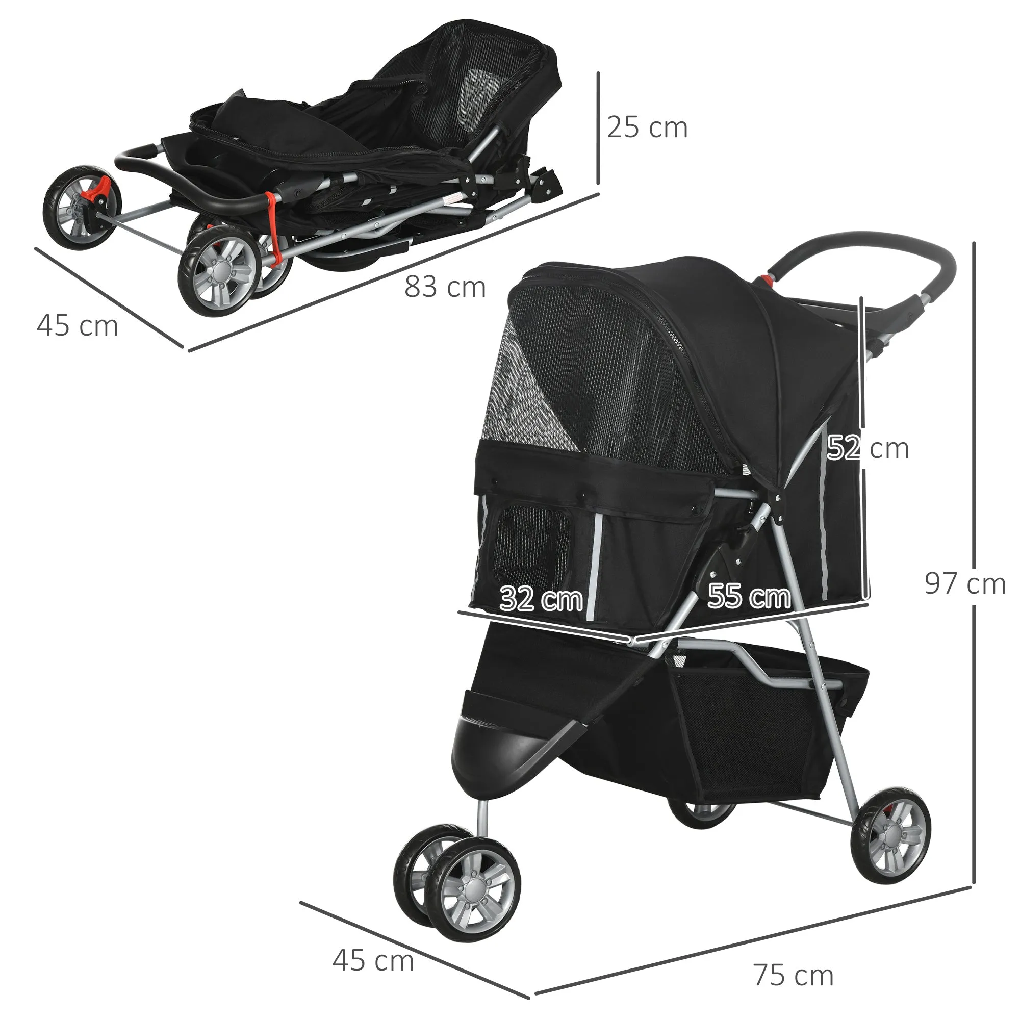 PawHut Pet Stroller Pushchair Carrier for Cat Puppy with 3 Wheels Black