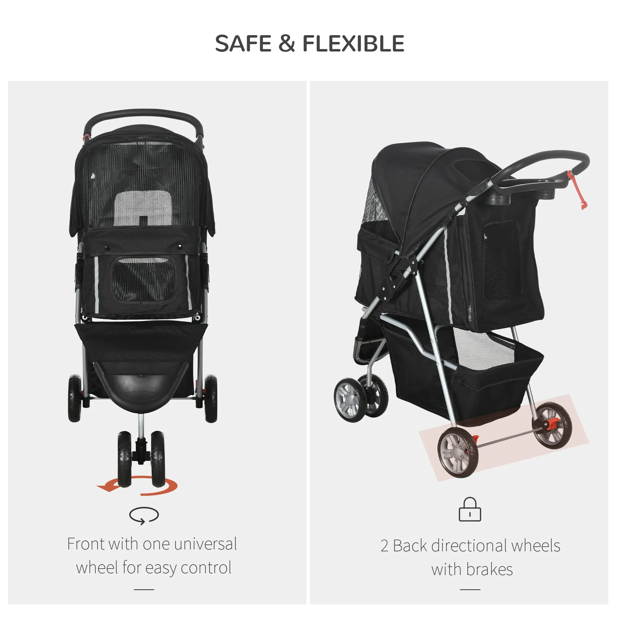 PawHut Pet Stroller Pushchair Carrier for Cat Puppy with 3 Wheels Black