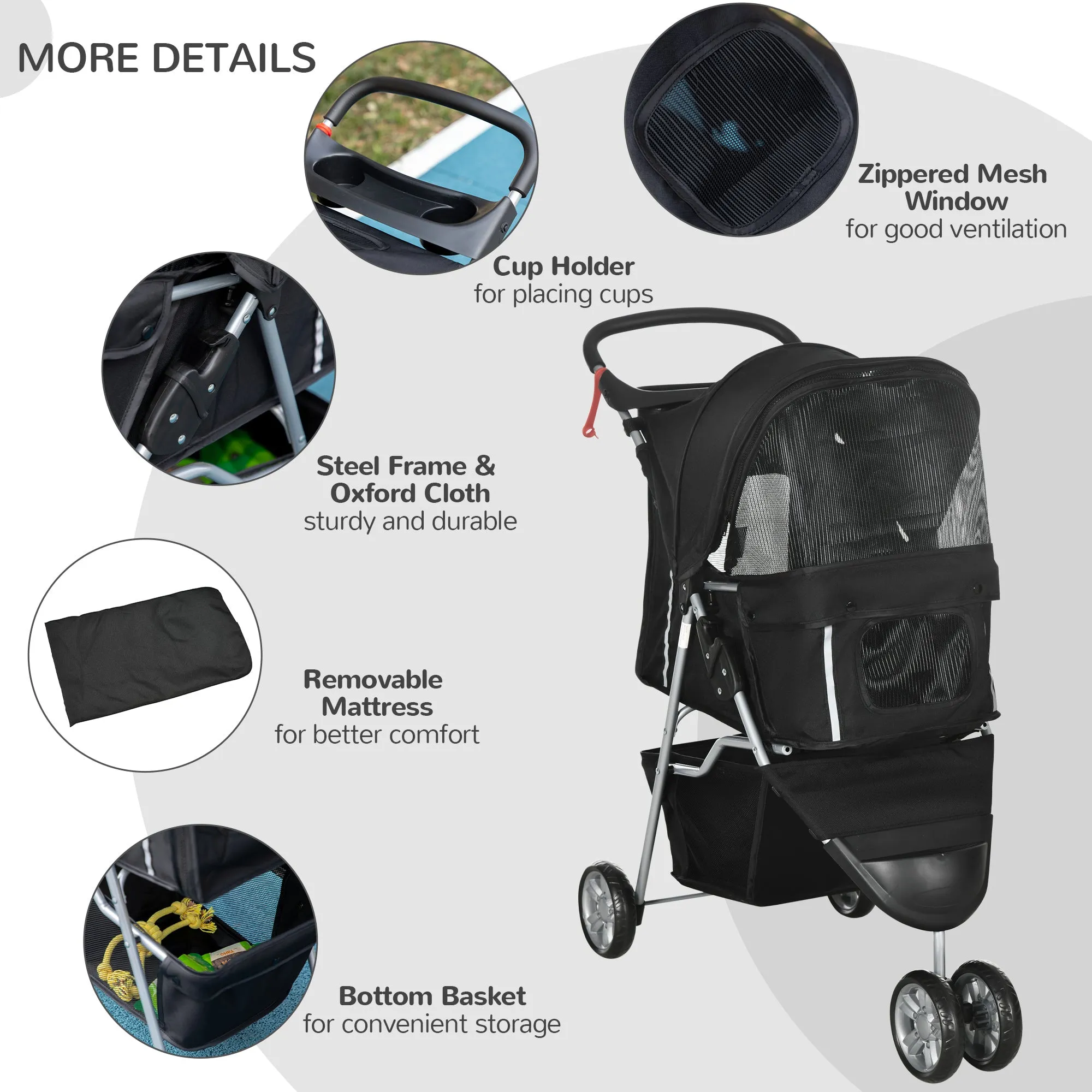PawHut Pet Stroller Pushchair Carrier for Cat Puppy with 3 Wheels Black