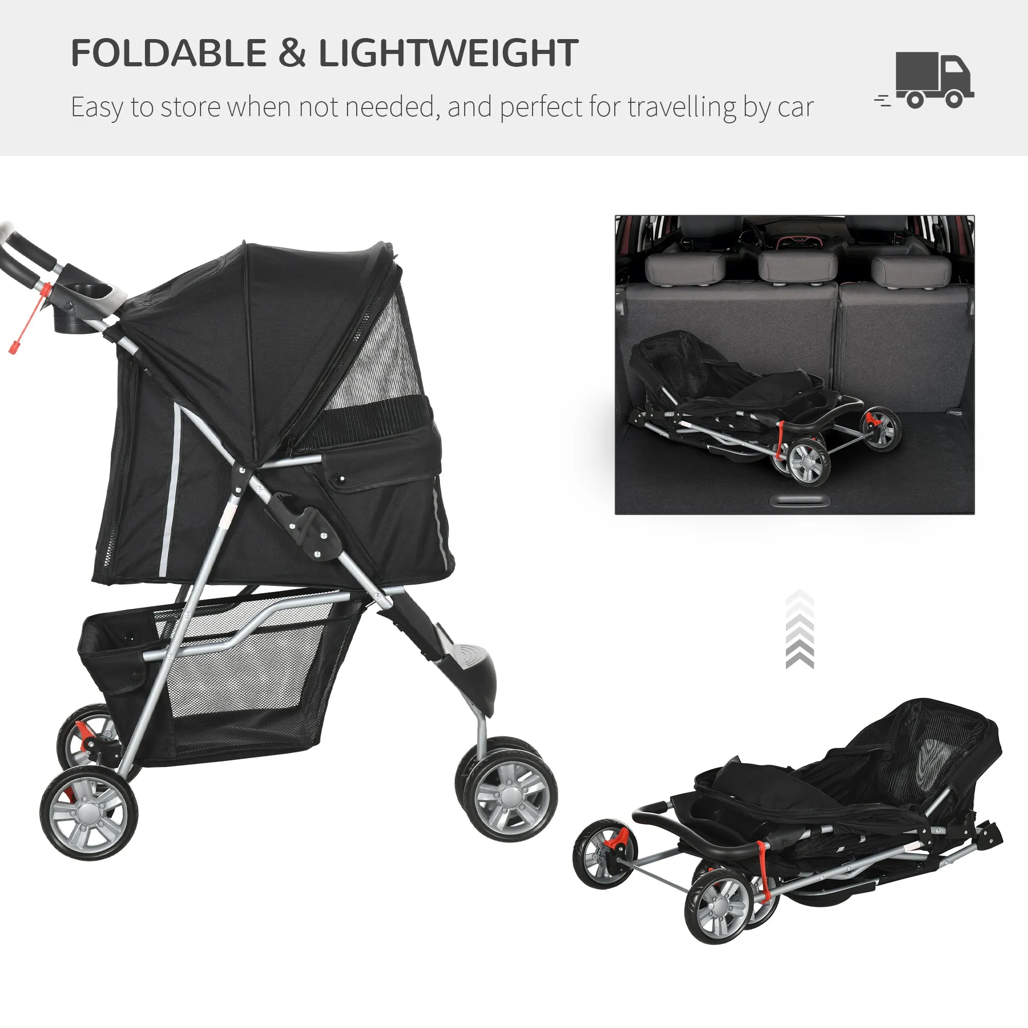 PawHut Pet Stroller Pushchair Carrier for Cat Puppy with 3 Wheels Black