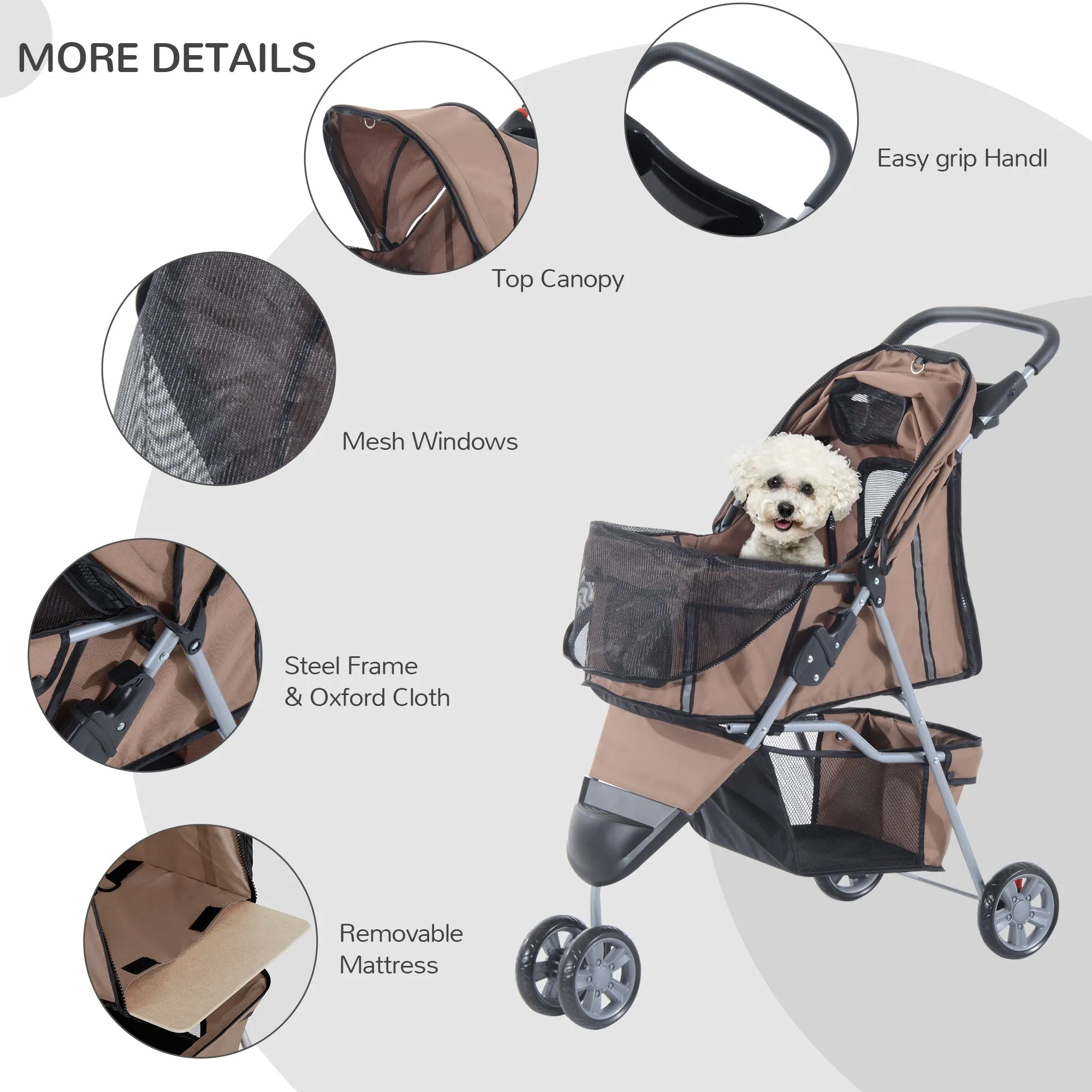 PawHut Pet Stroller Pushchair Carrier for Cat Puppy with 3 Wheels Brown