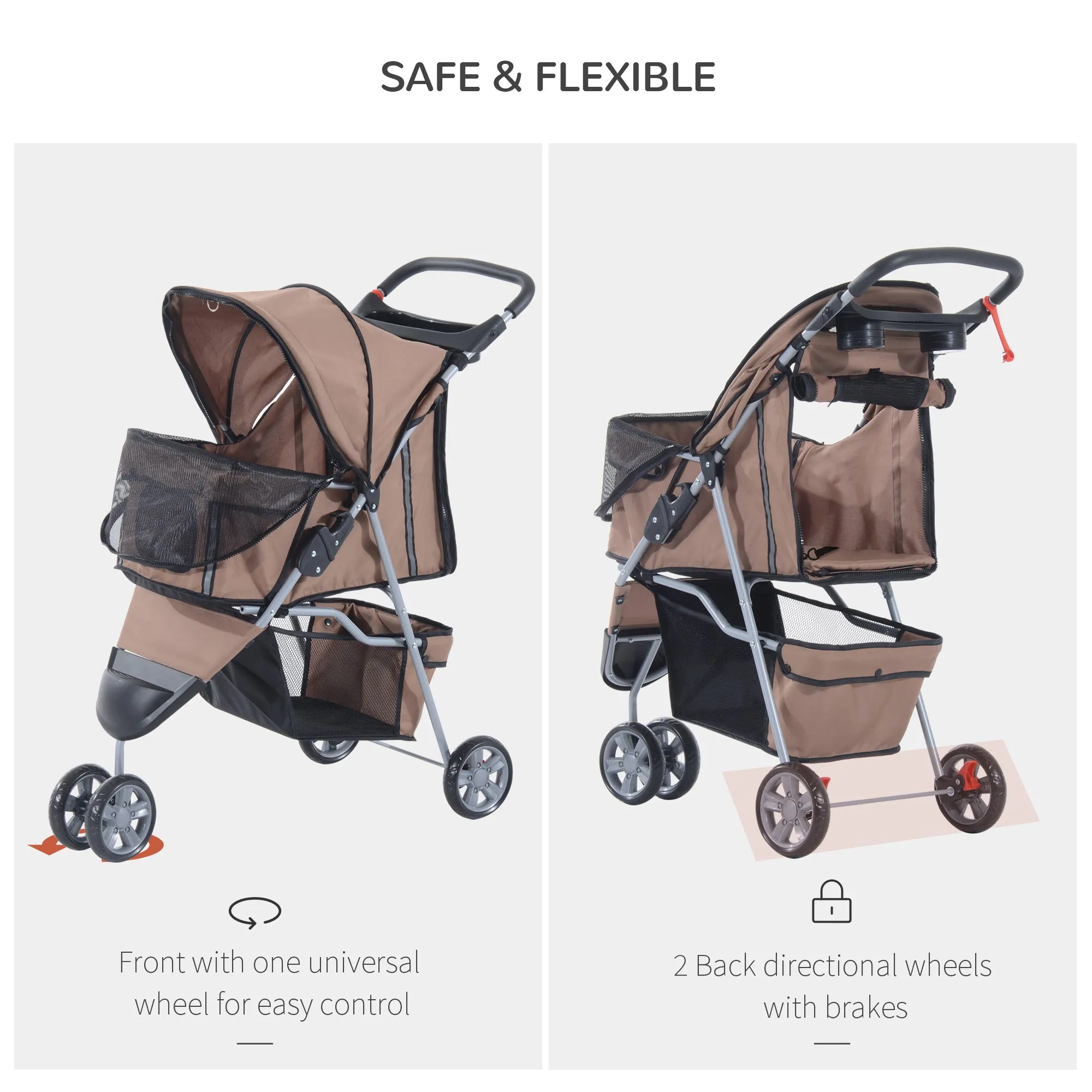 PawHut Pet Stroller Pushchair Carrier for Cat Puppy with 3 Wheels Brown