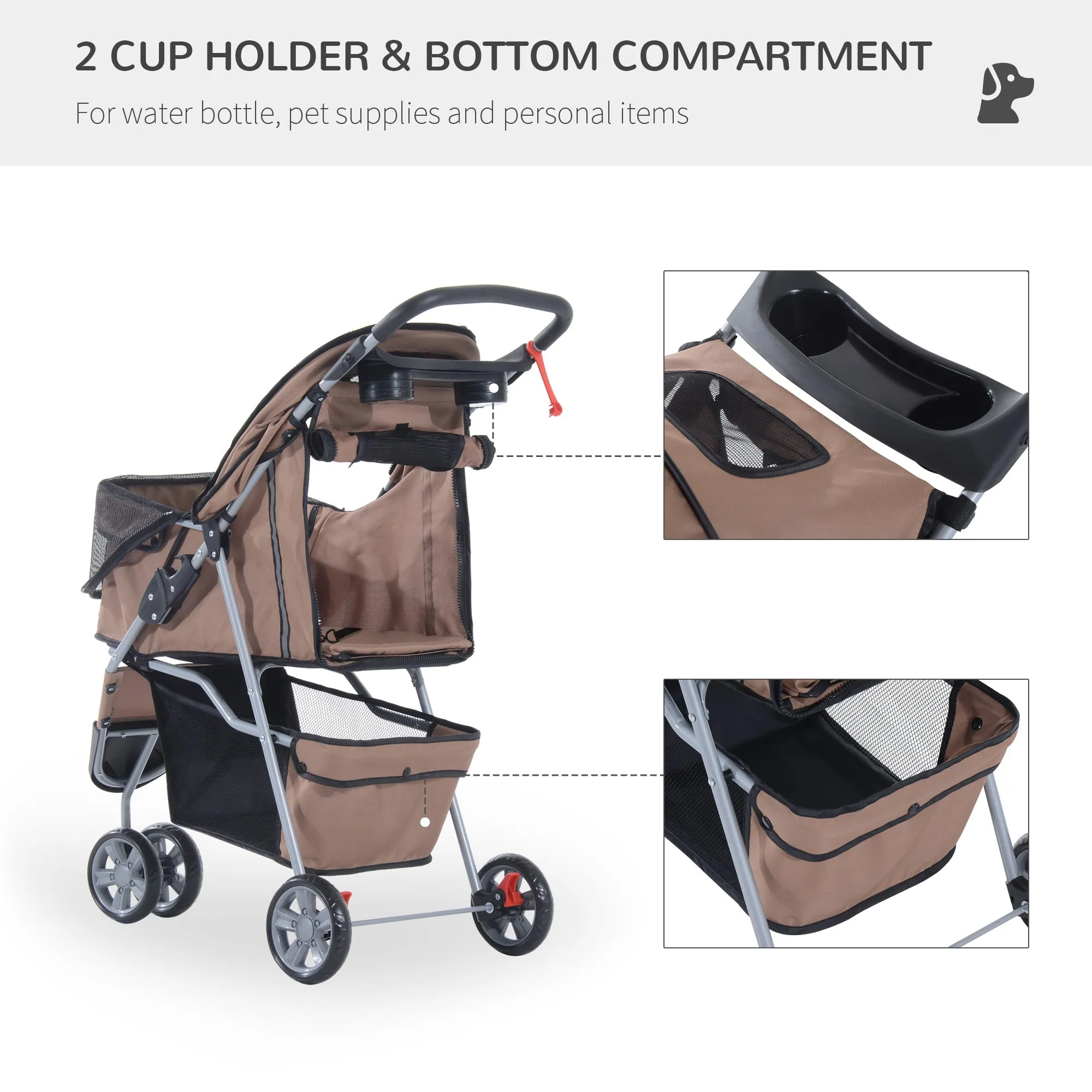 PawHut Pet Stroller Pushchair Carrier for Cat Puppy with 3 Wheels Brown