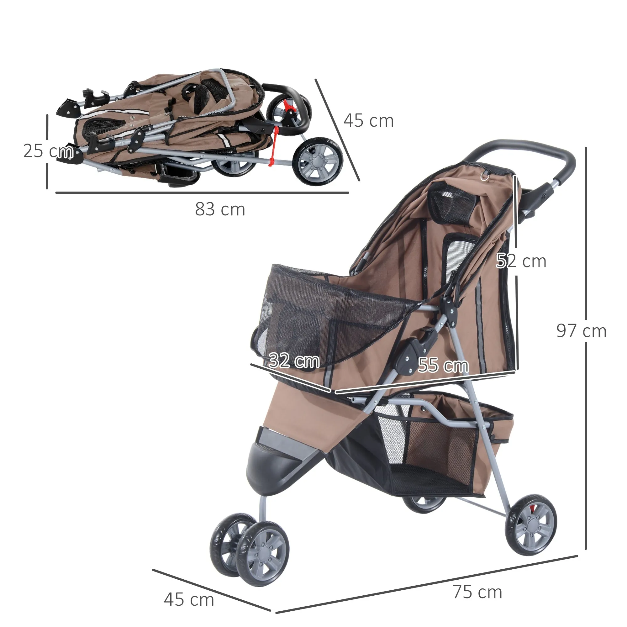 PawHut Pet Stroller Pushchair Carrier for Cat Puppy with 3 Wheels Brown