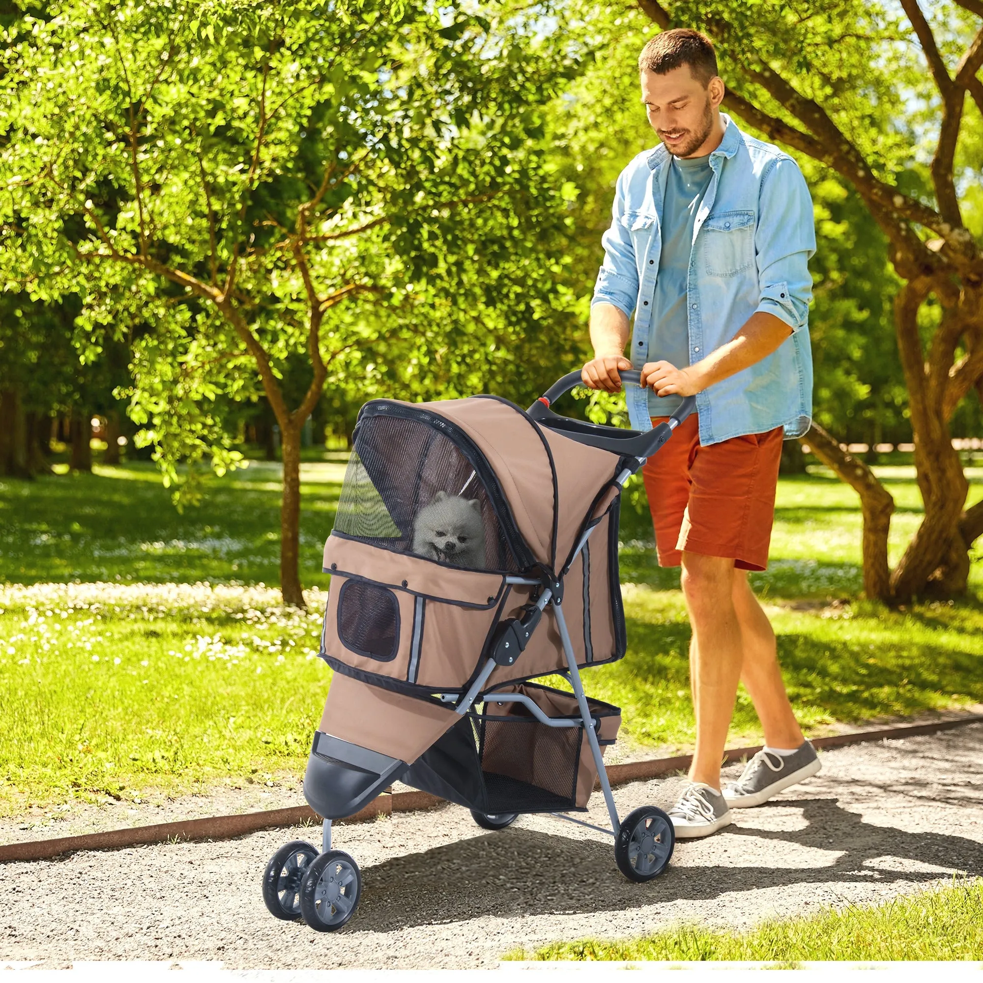 PawHut Pet Stroller Pushchair Carrier for Cat Puppy with 3 Wheels Brown