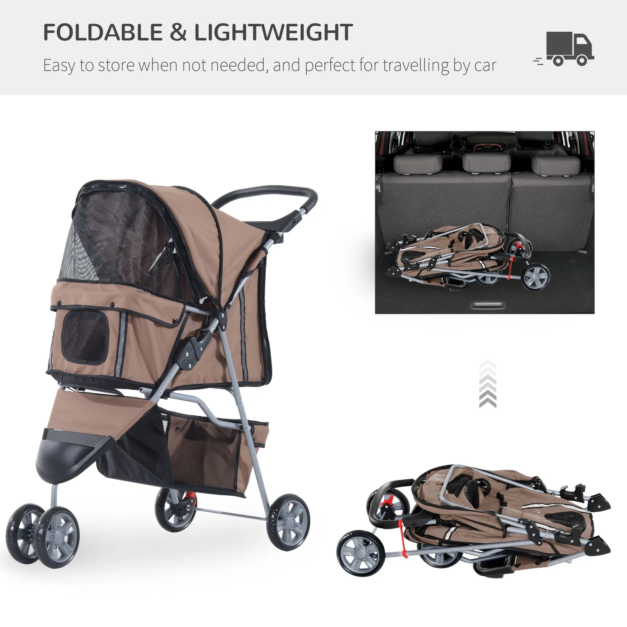 PawHut Pet Stroller Pushchair Carrier for Cat Puppy with 3 Wheels Brown